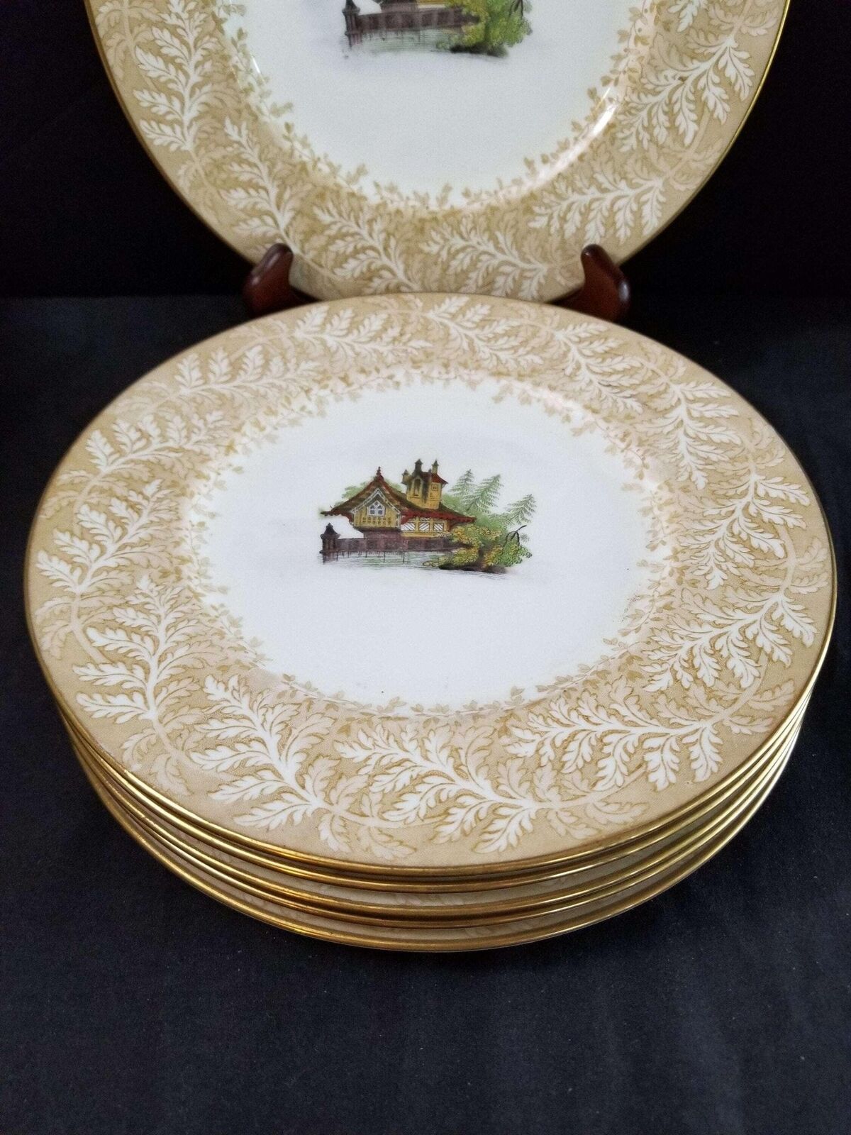 Cauldon Plate Set Lake Cabin with Fern Border c.1900 9" (6)
