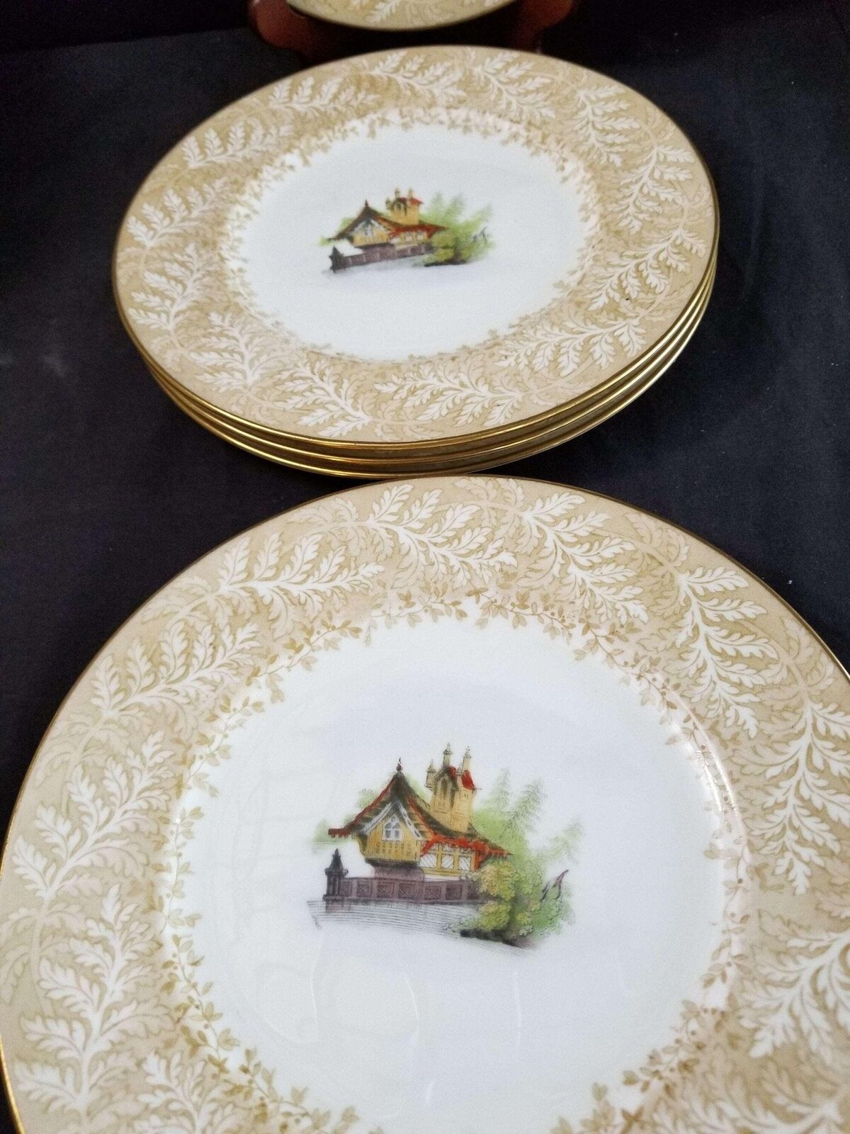 Cauldon Plate Set Lake Cabin with Fern Border c.1900 9" (6)