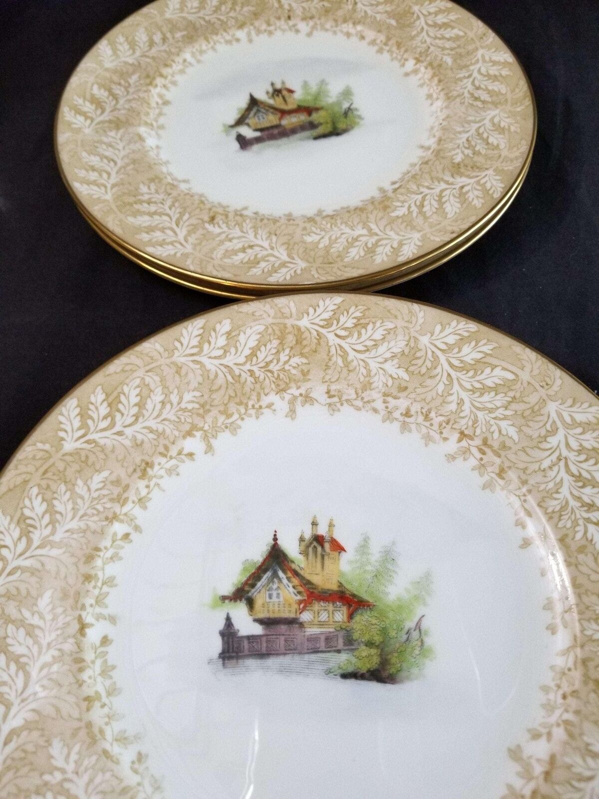 Cauldon Plate Set Lake Cabin with Fern Border c.1900 9" (6)
