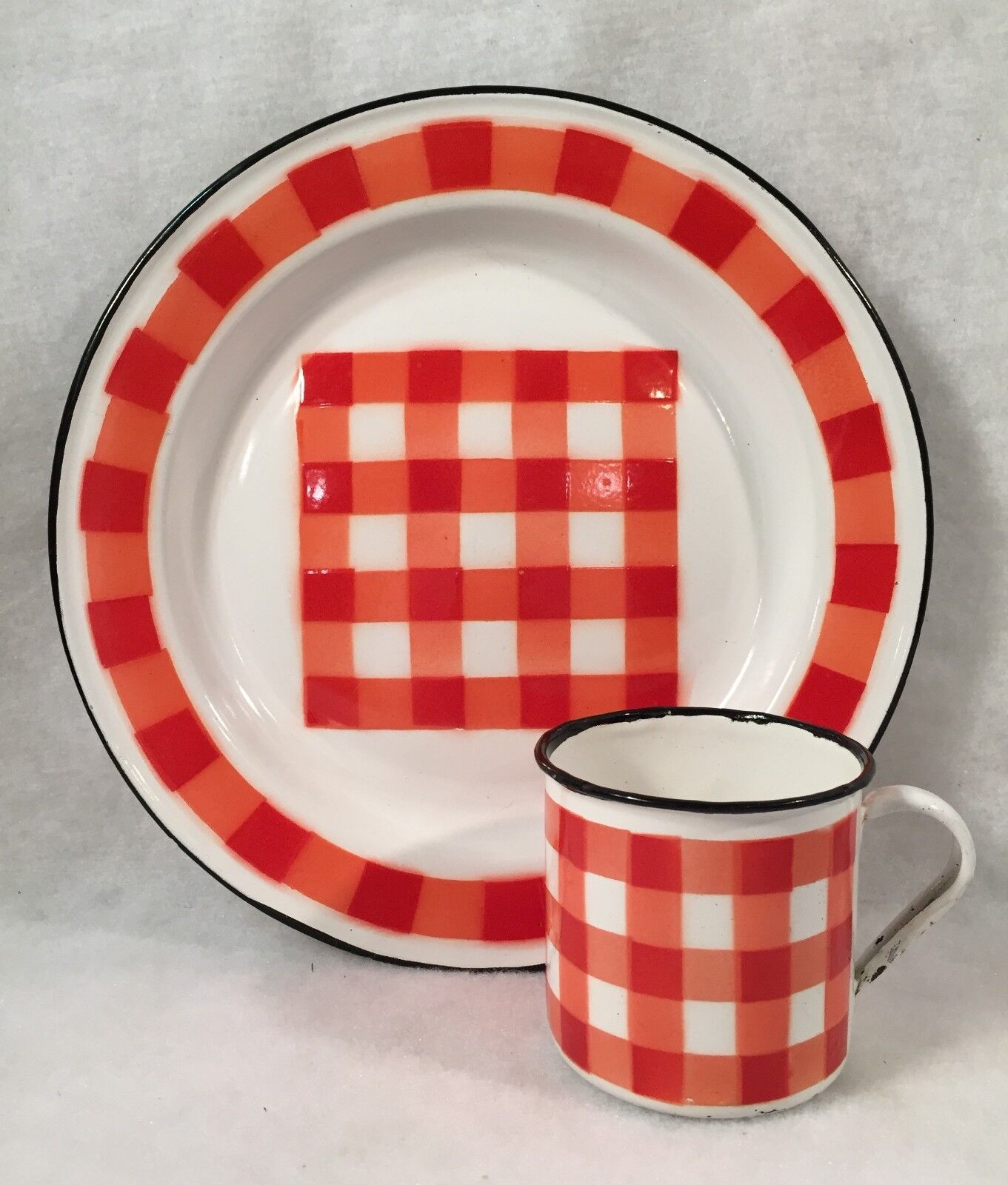 Antique French Enamelware Dinner Plate & Cup Set Circa 1800's