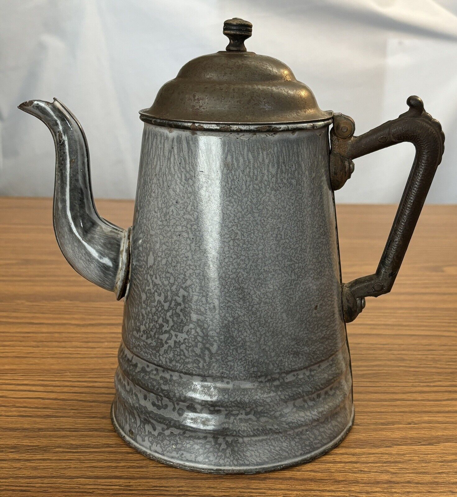 Enamelware Graniteware Coffee Tea Pot Pitcher w/Cast Iron Handle c. 1800s HTF