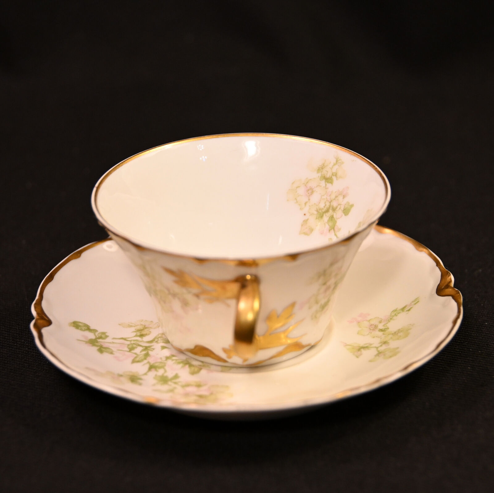 Haviland Demitasse Cup Saucer Floral w/Gold Green Pink Ranson Mold Early 1900's