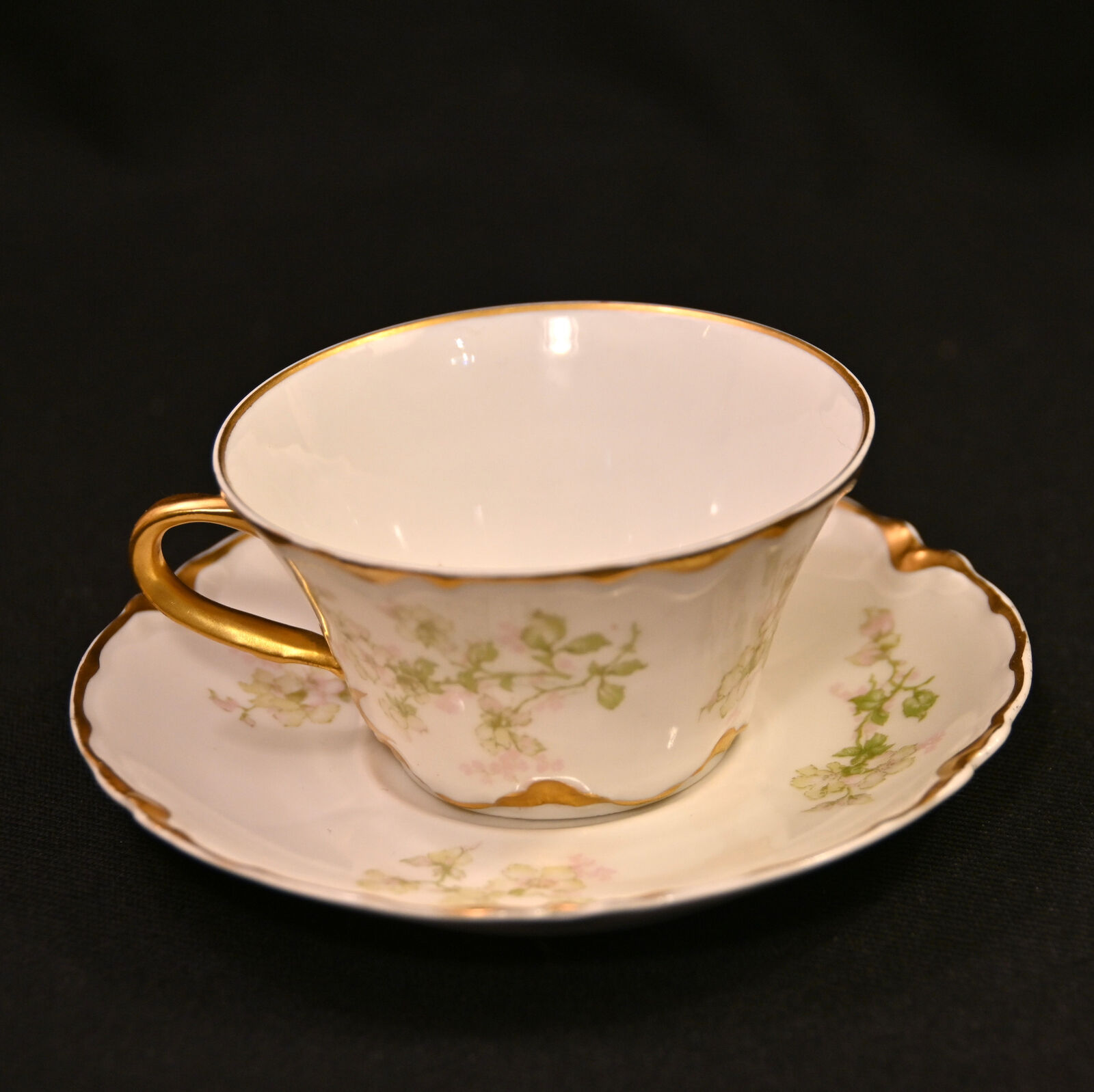 Haviland Demitasse Cup Saucer Floral w/Gold Green Pink Ranson Mold Early 1900's