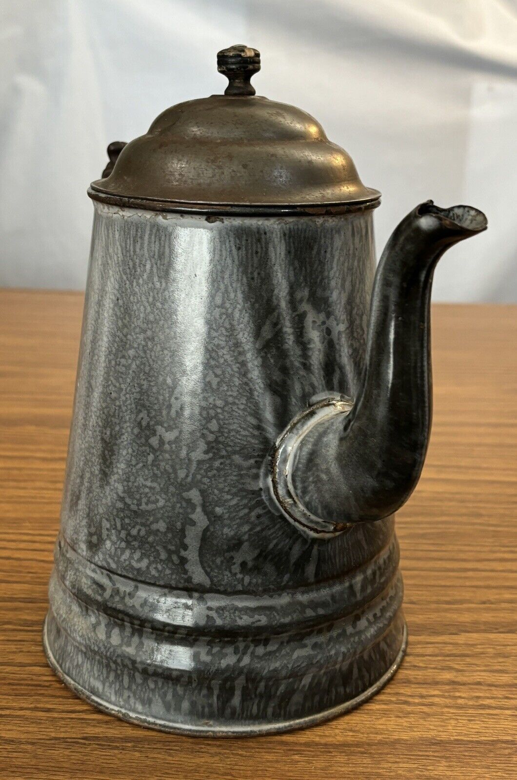 Enamelware Graniteware Coffee Tea Pot Pitcher w/Cast Iron Handle c. 1800s  HTF