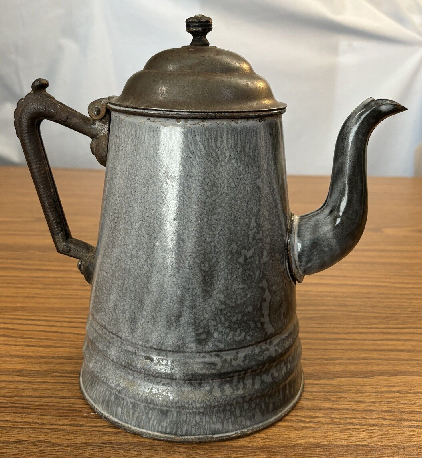 Enamelware Graniteware Coffee Tea Pot Pitcher w/Cast Iron Handle c. 1800s  HTF