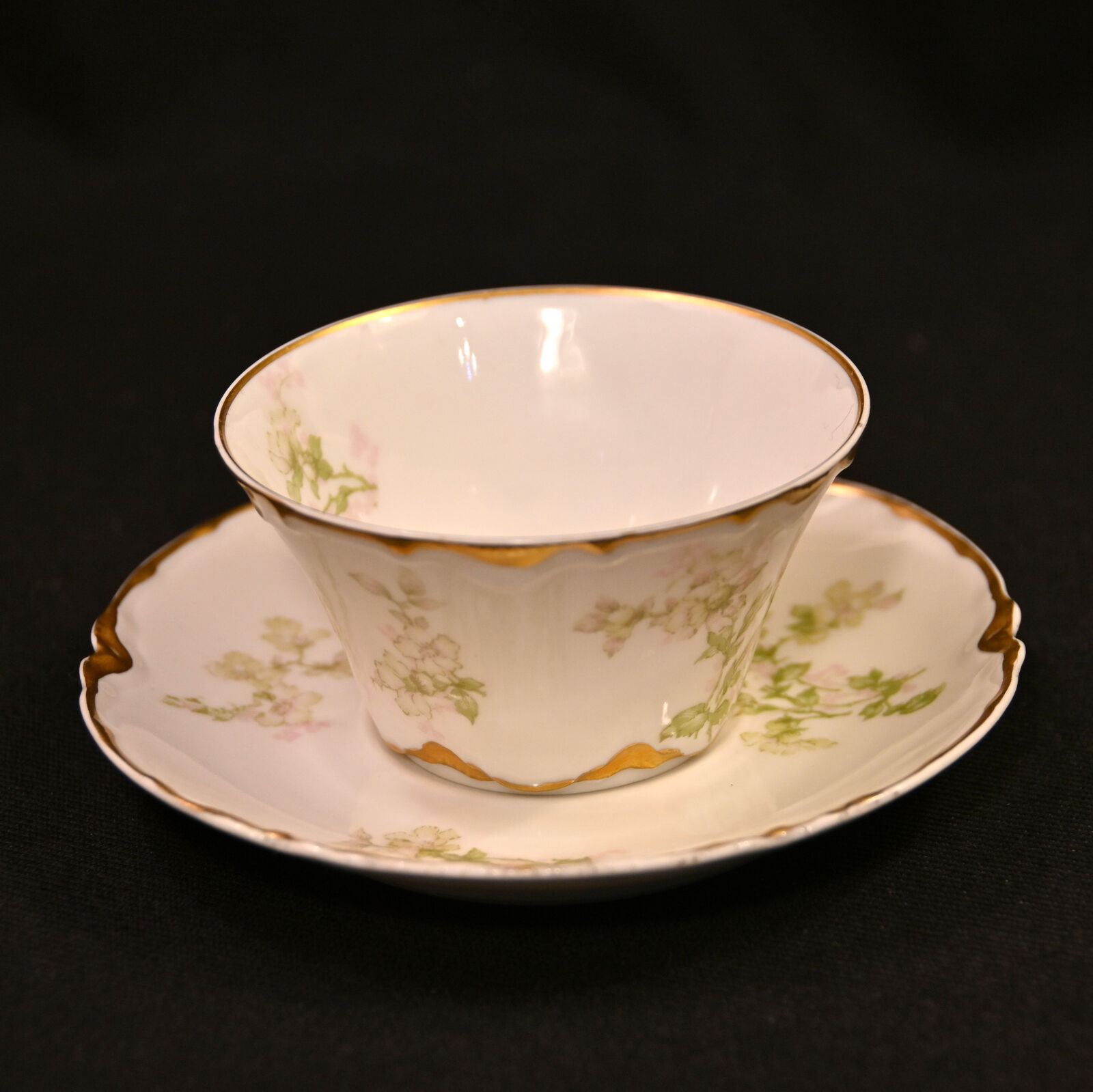 Haviland Demitasse Cup Saucer Floral w/Gold Green Pink Ranson Mold Early 1900's