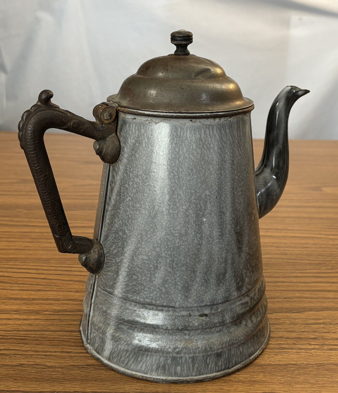 Enamelware Graniteware Coffee Tea Pot Pitcher w/Cast Iron Handle c. 1800s  HTF