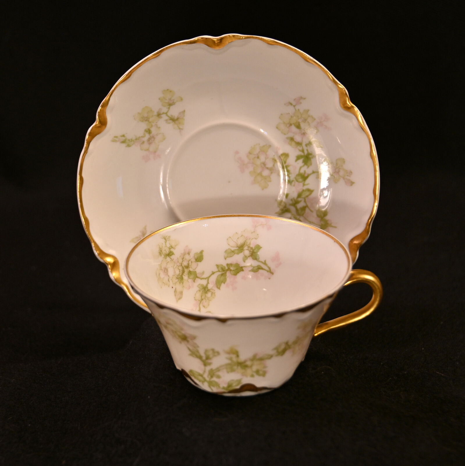 Haviland Demitasse Cup Saucer Floral w/Gold Green Pink Ranson Mold Early 1900's