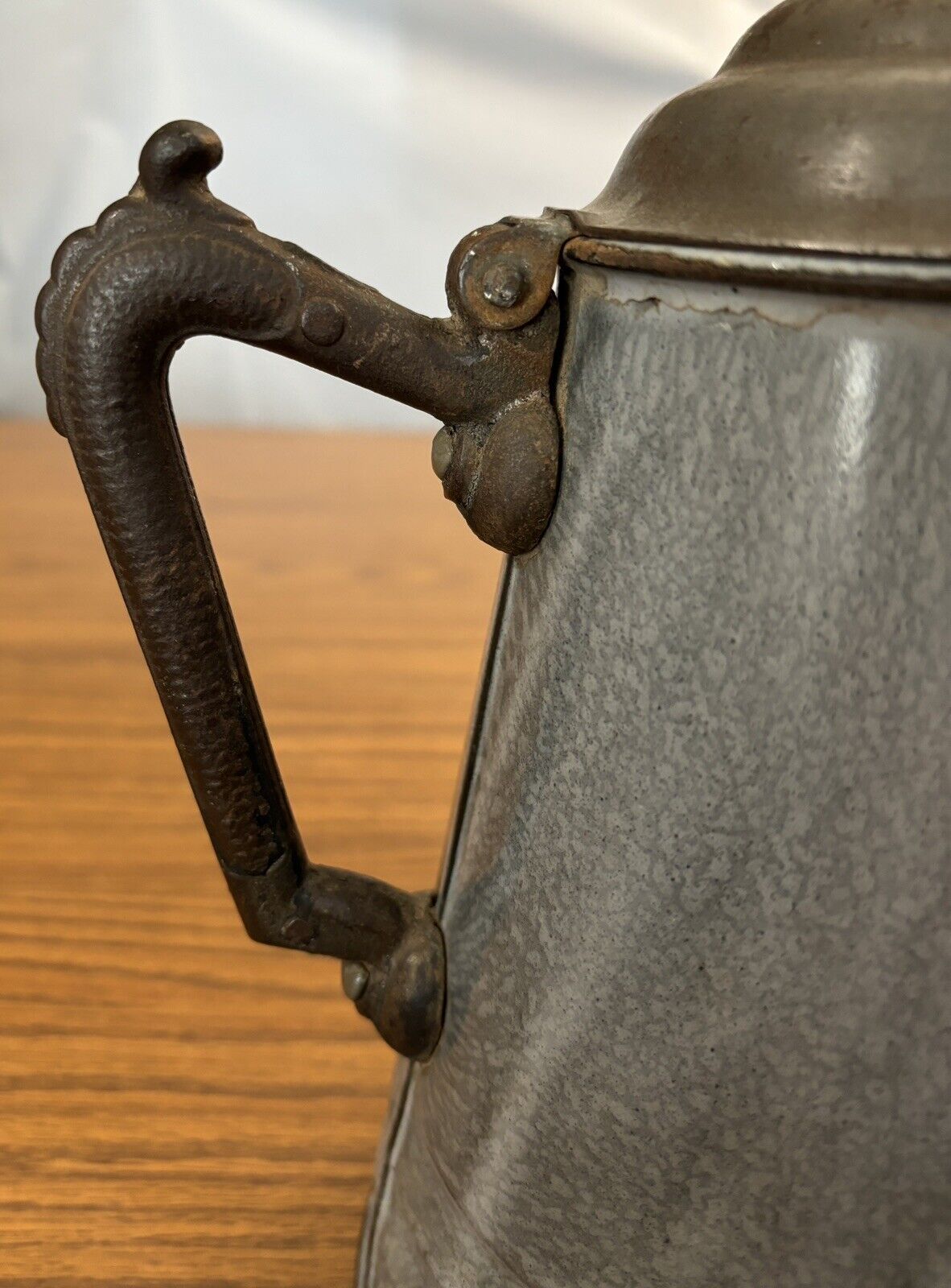 Enamelware Graniteware Coffee Tea Pot Pitcher w/Cast Iron Handle c. 1800s  HTF