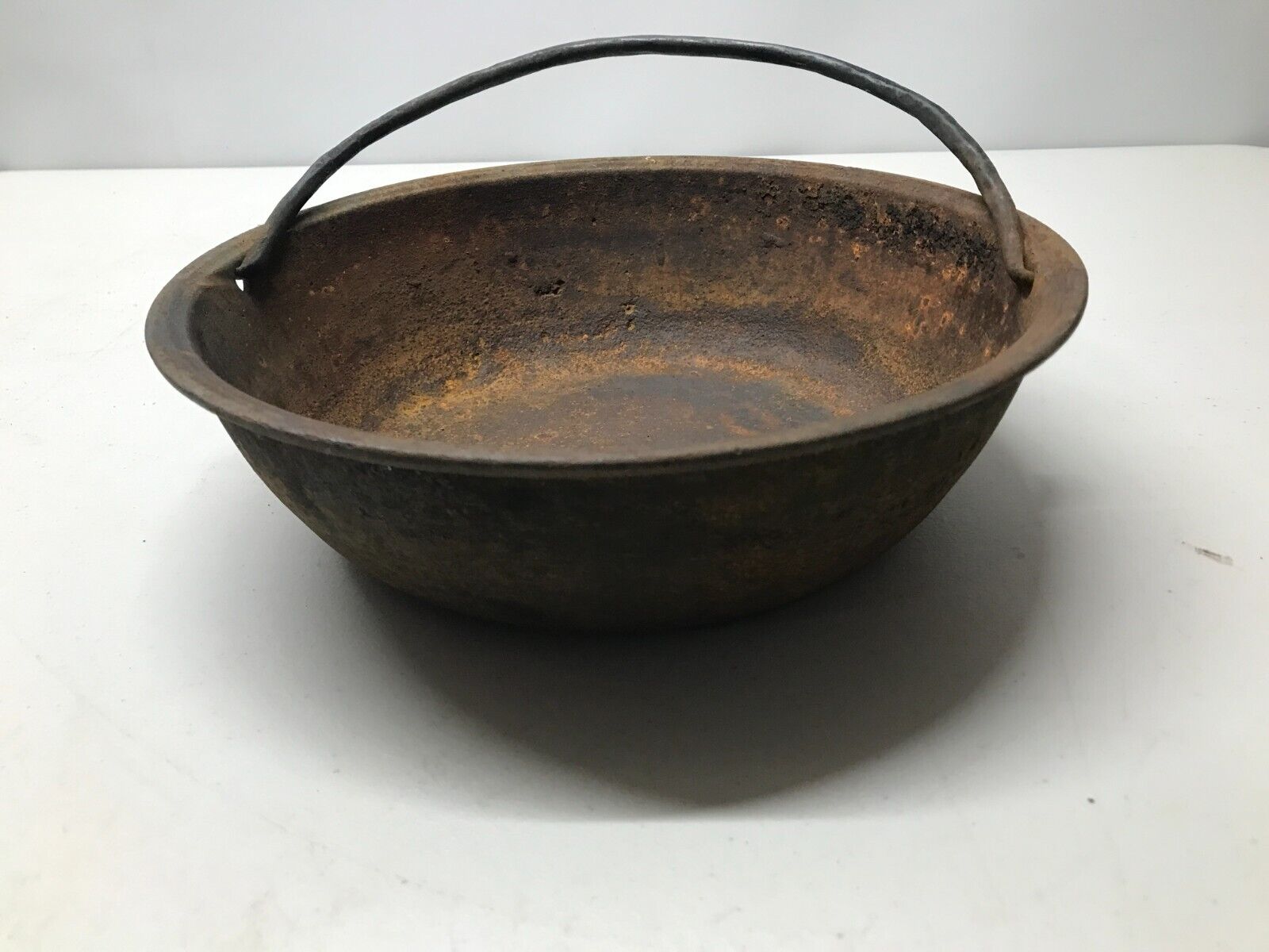 1800s Antique 11" Cast Iron Scotch Bowl w/ Gate Mark, Hand Forged Bail Handle