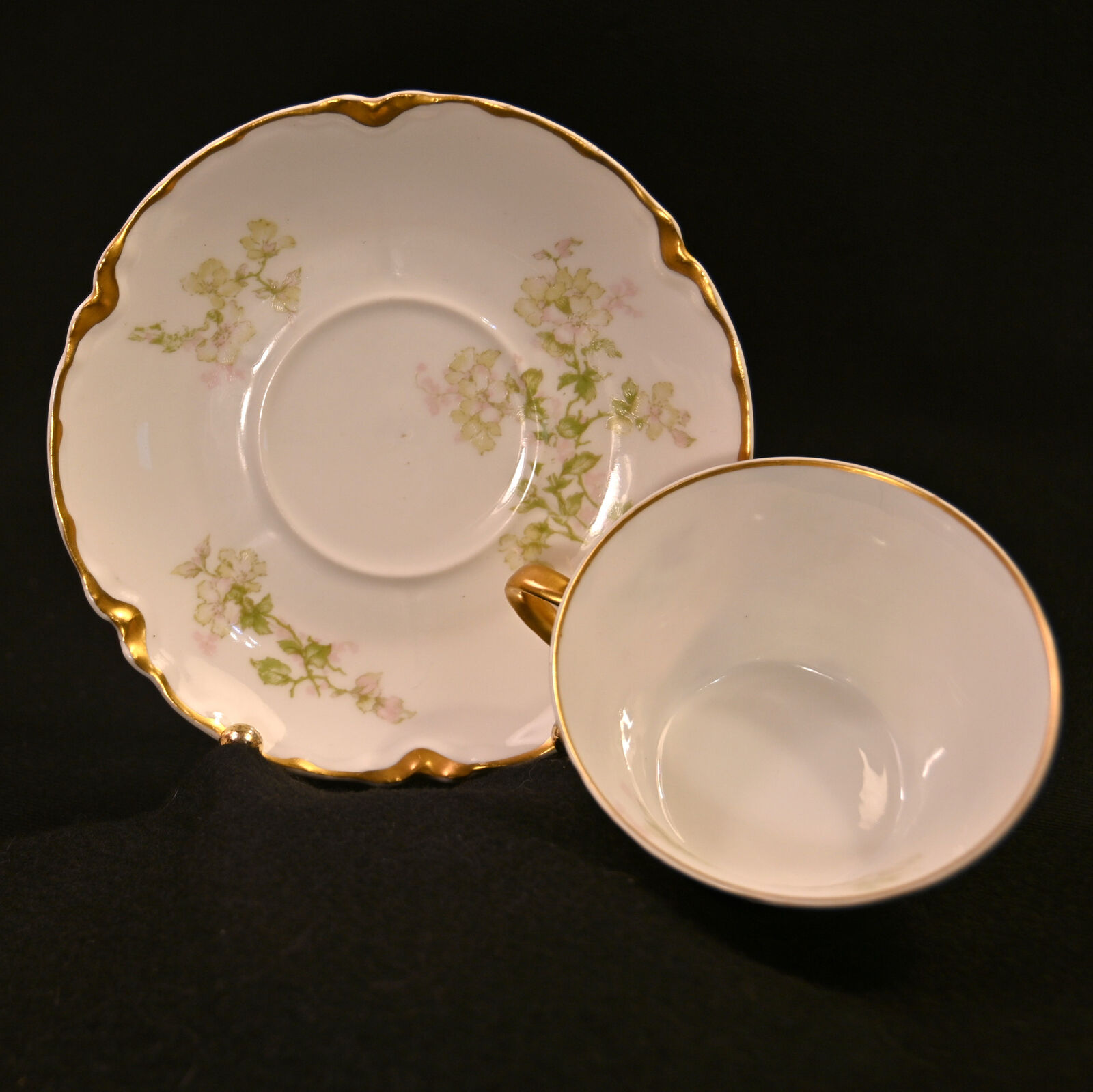 Haviland Demitasse Cup Saucer Floral w/Gold Green Pink Ranson Mold Early 1900's