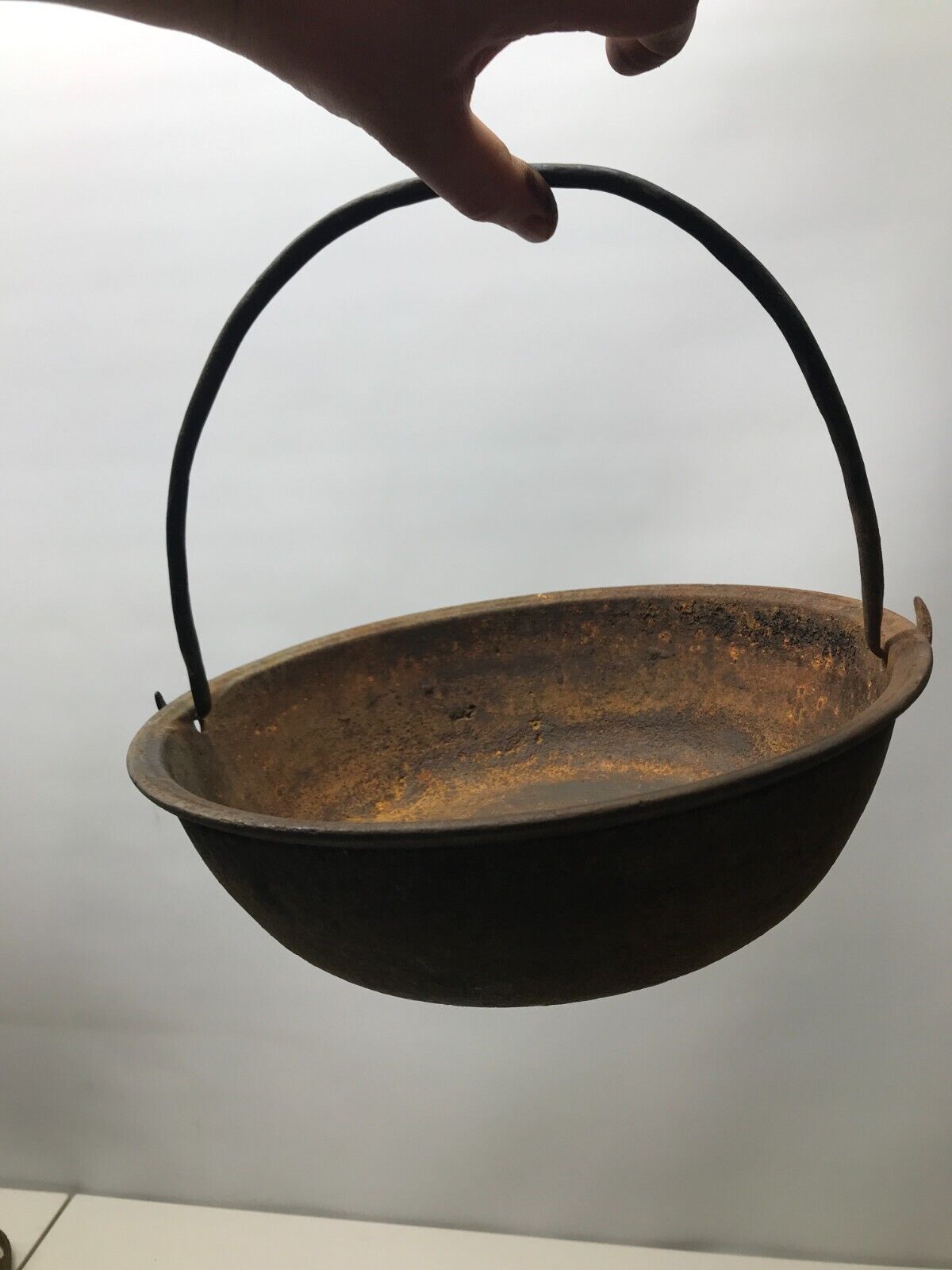 1800s Antique 11" Cast Iron Scotch Bowl w/ Gate Mark, Hand Forged Bail Handle