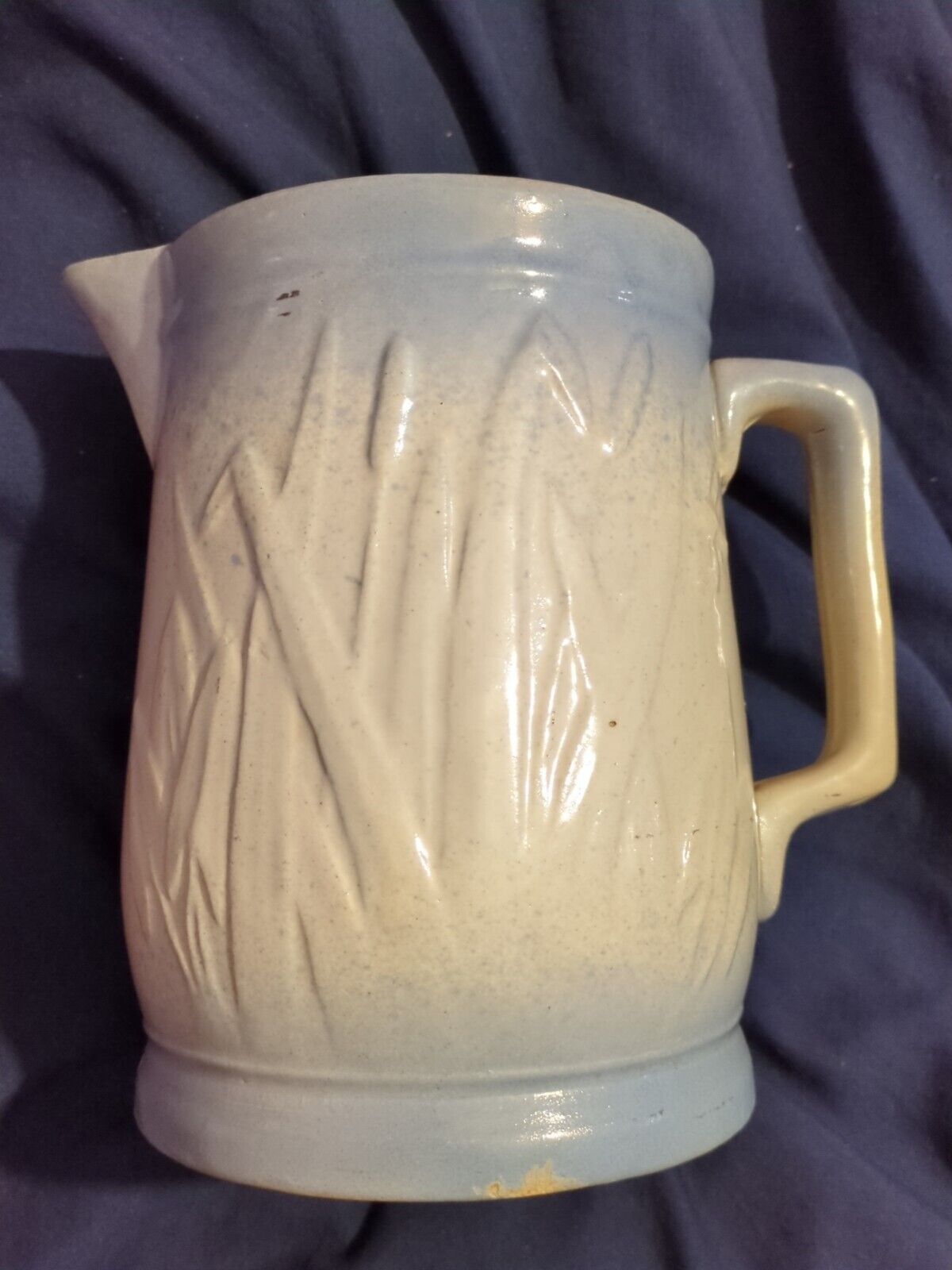 Antique stoneware pitcher Blue White Cattails Dragonflies Crock Farm House 1800s