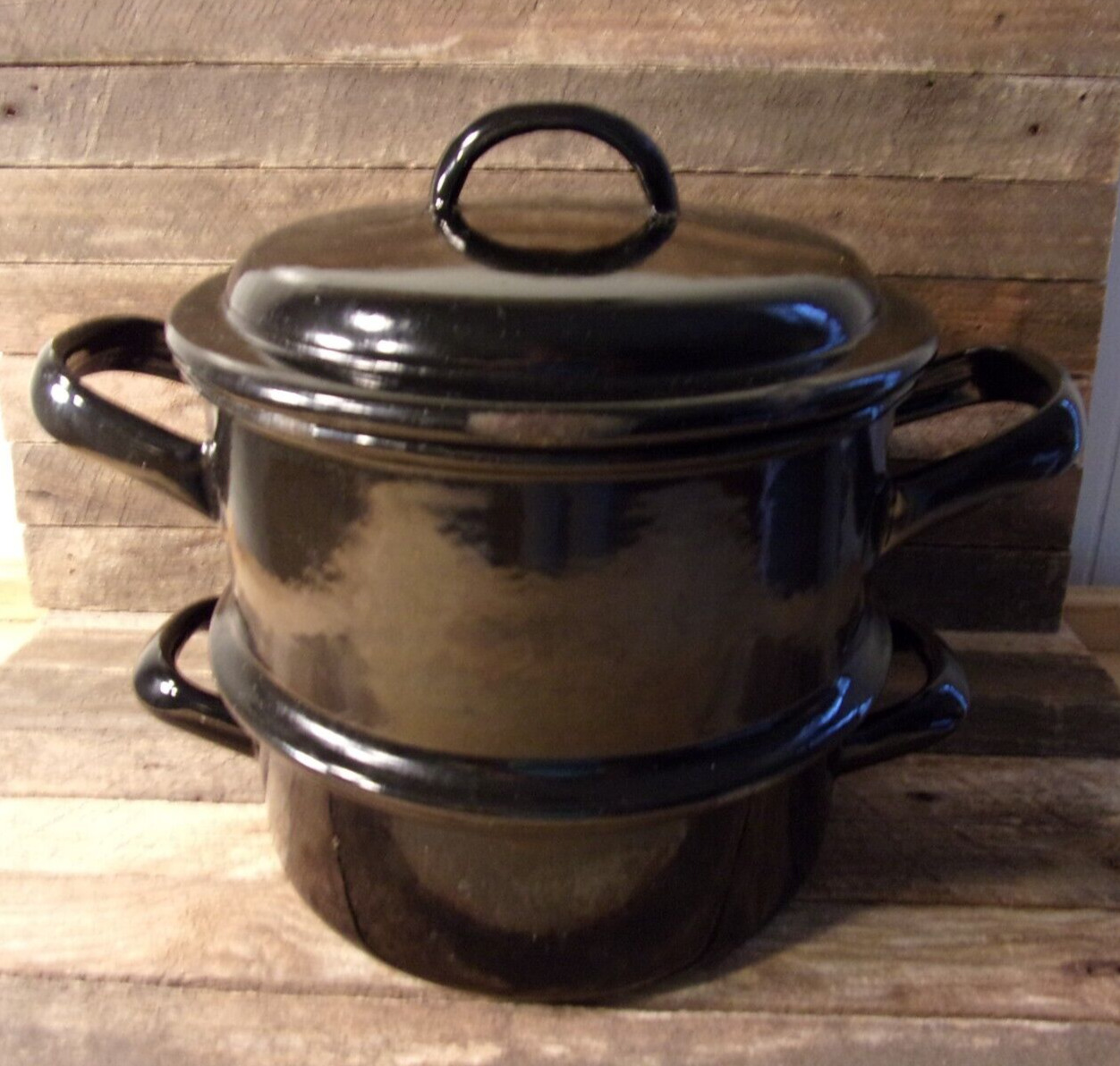 RARE ANTIQUE GEBRUDER BAUMANN LATE 1800's ENAMEL DOUBLE BOILER STOCK POT BLACK