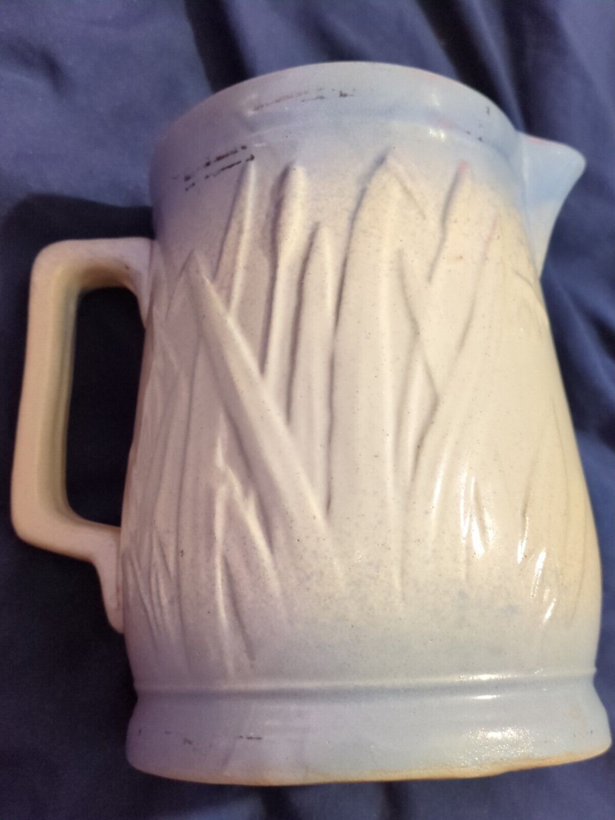 Antique stoneware pitcher Blue White Cattails Dragonflies Crock Farm House 1800s