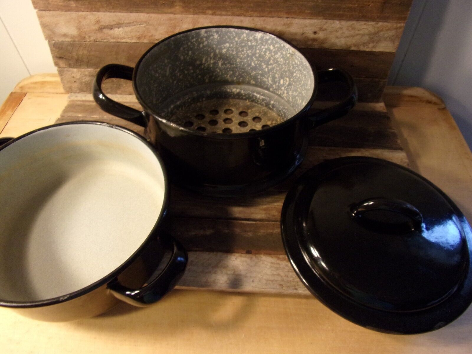 RARE ANTIQUE GEBRUDER BAUMANN LATE 1800's ENAMEL DOUBLE BOILER STOCK POT BLACK