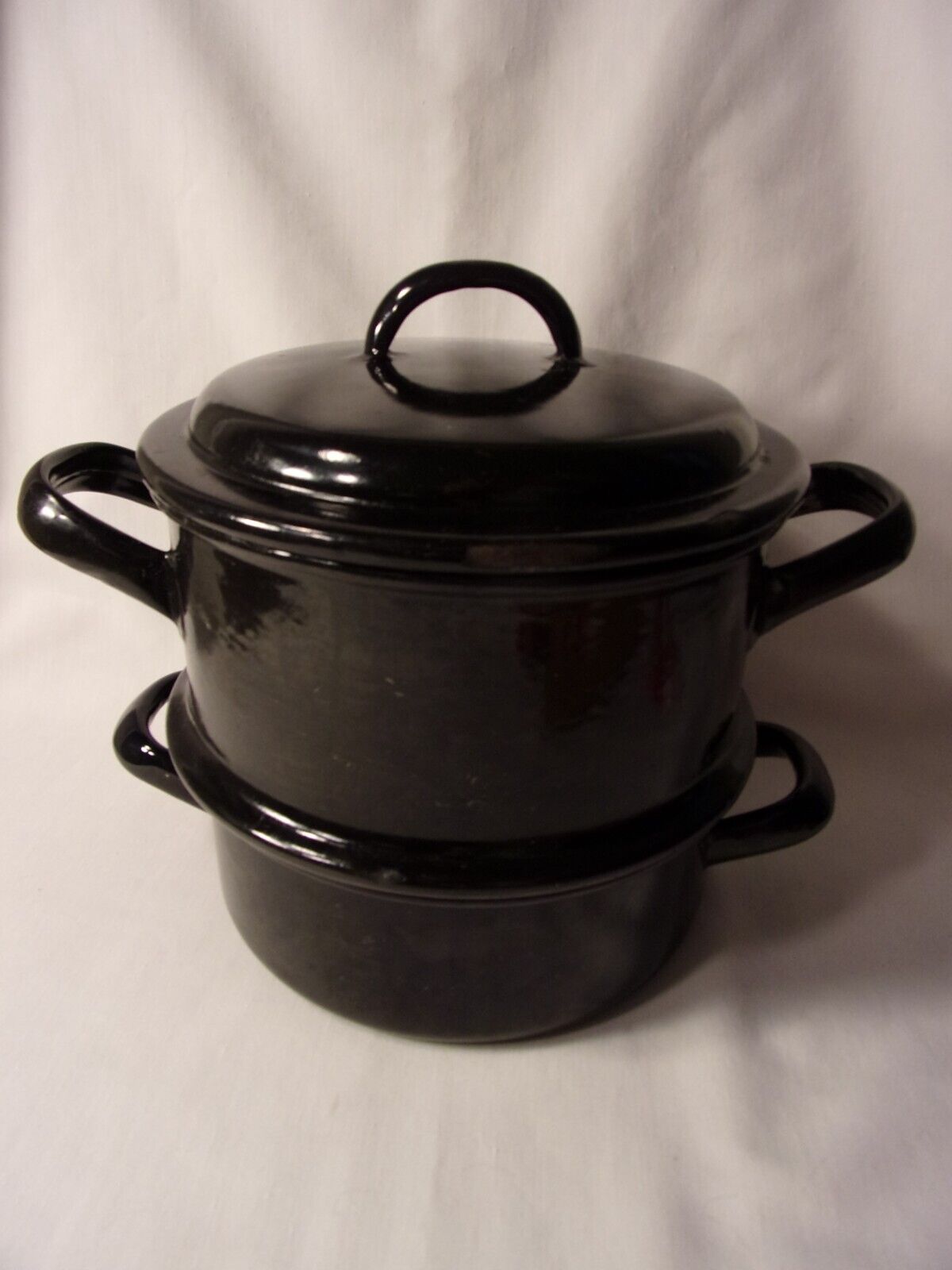 RARE ANTIQUE GEBRUDER BAUMANN LATE 1800's ENAMEL DOUBLE BOILER STOCK POT BLACK