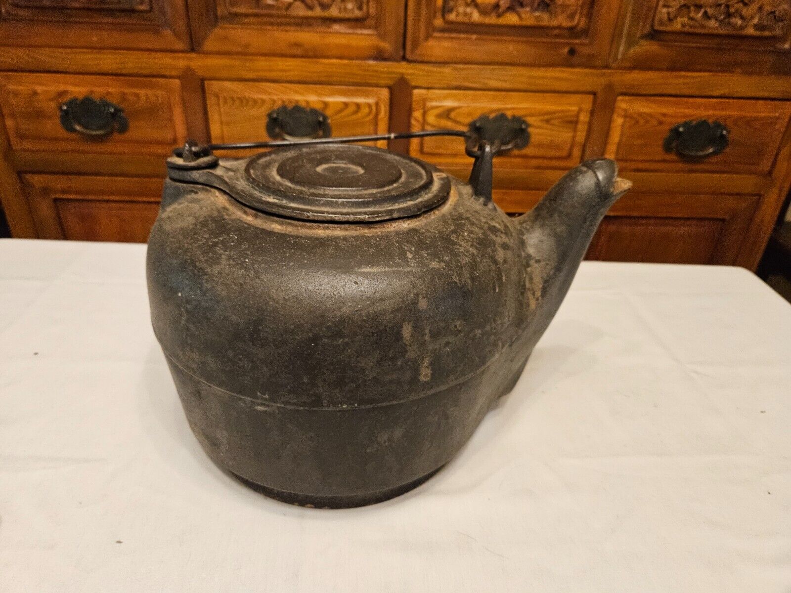 Antique 1800's Large Cast Iron Tea Kettle 10+lb. Bail Handle 13" X 9 1/2"