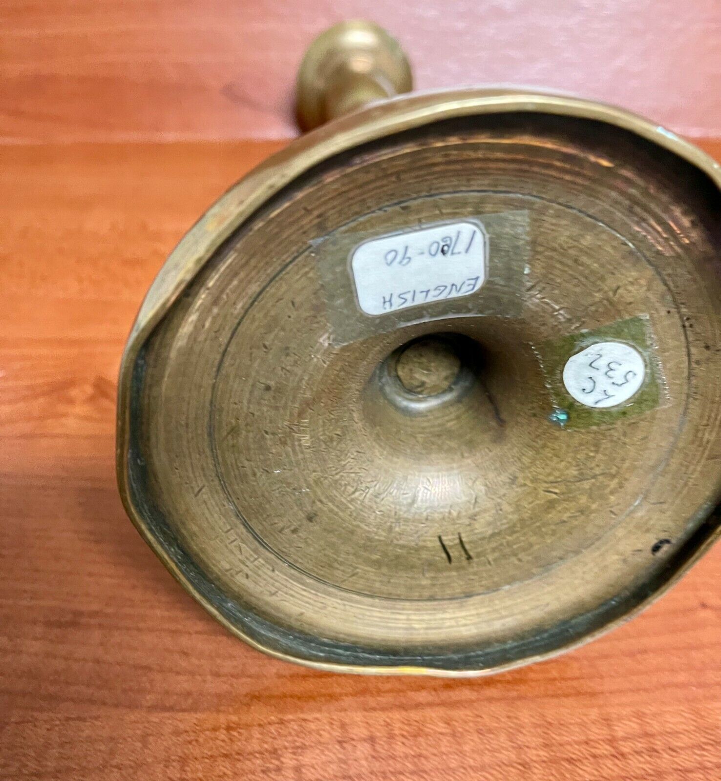 brass candle Holder, with round base, English, circa late 1700s, 10"
