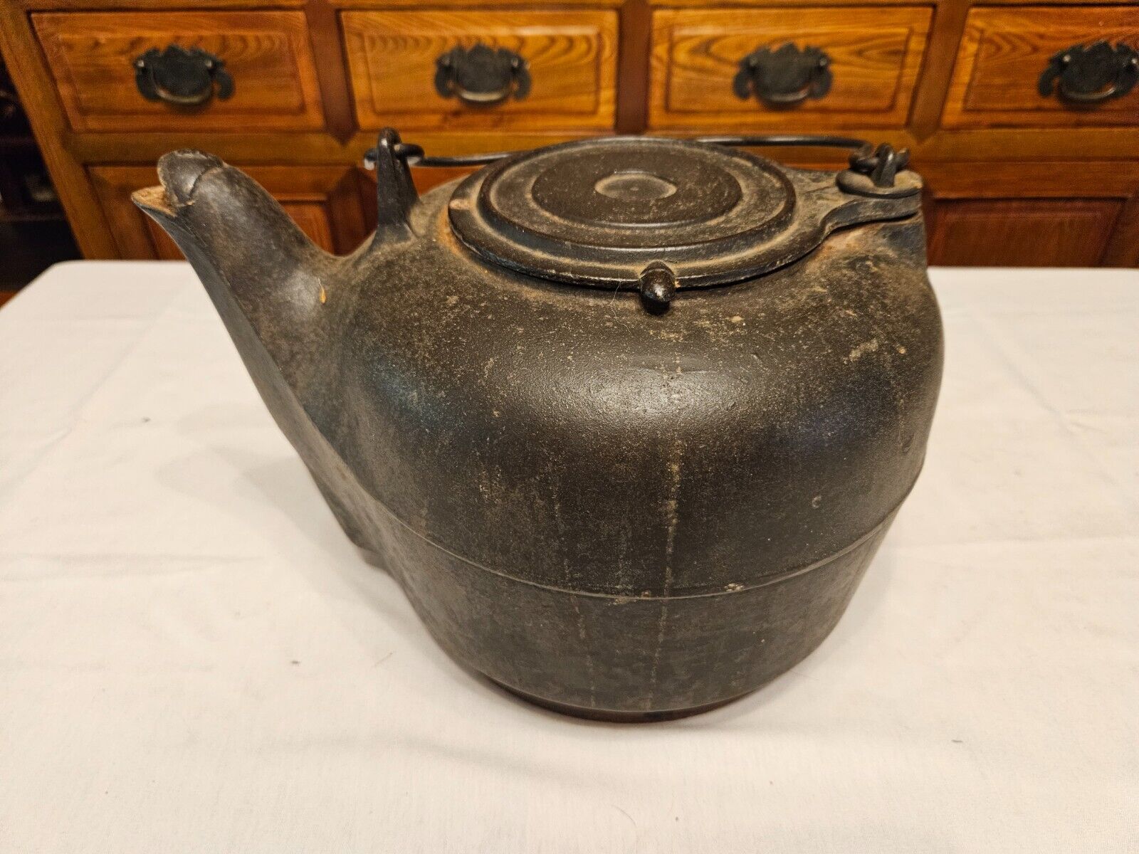 Antique 1800's Large Cast Iron Tea Kettle 10+lb. Bail Handle 13" X 9 1/2"