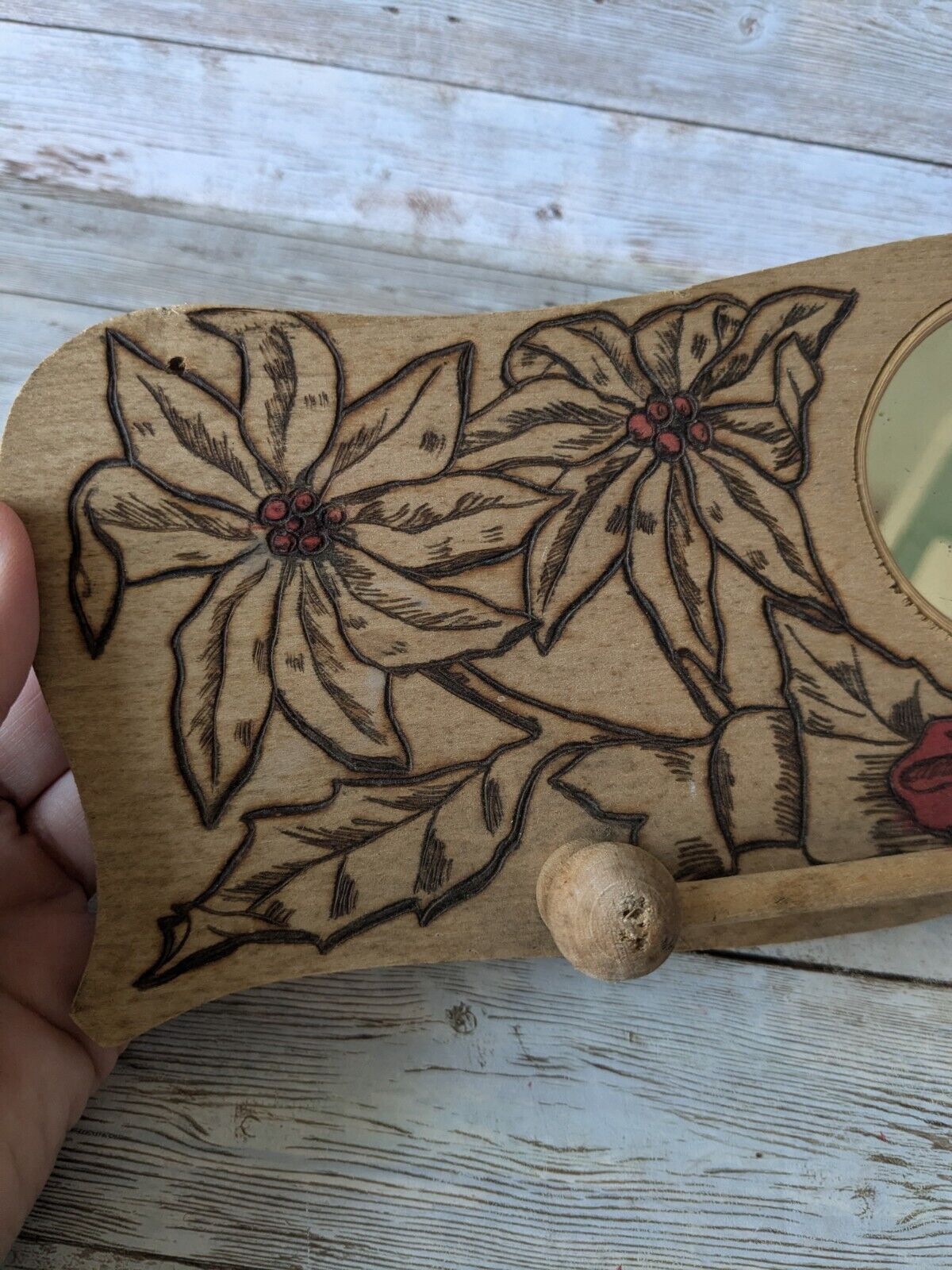 Antique Flemish Art Tea Towel Holder W/ Mirror Early 1900s Pyrography Poinsettia