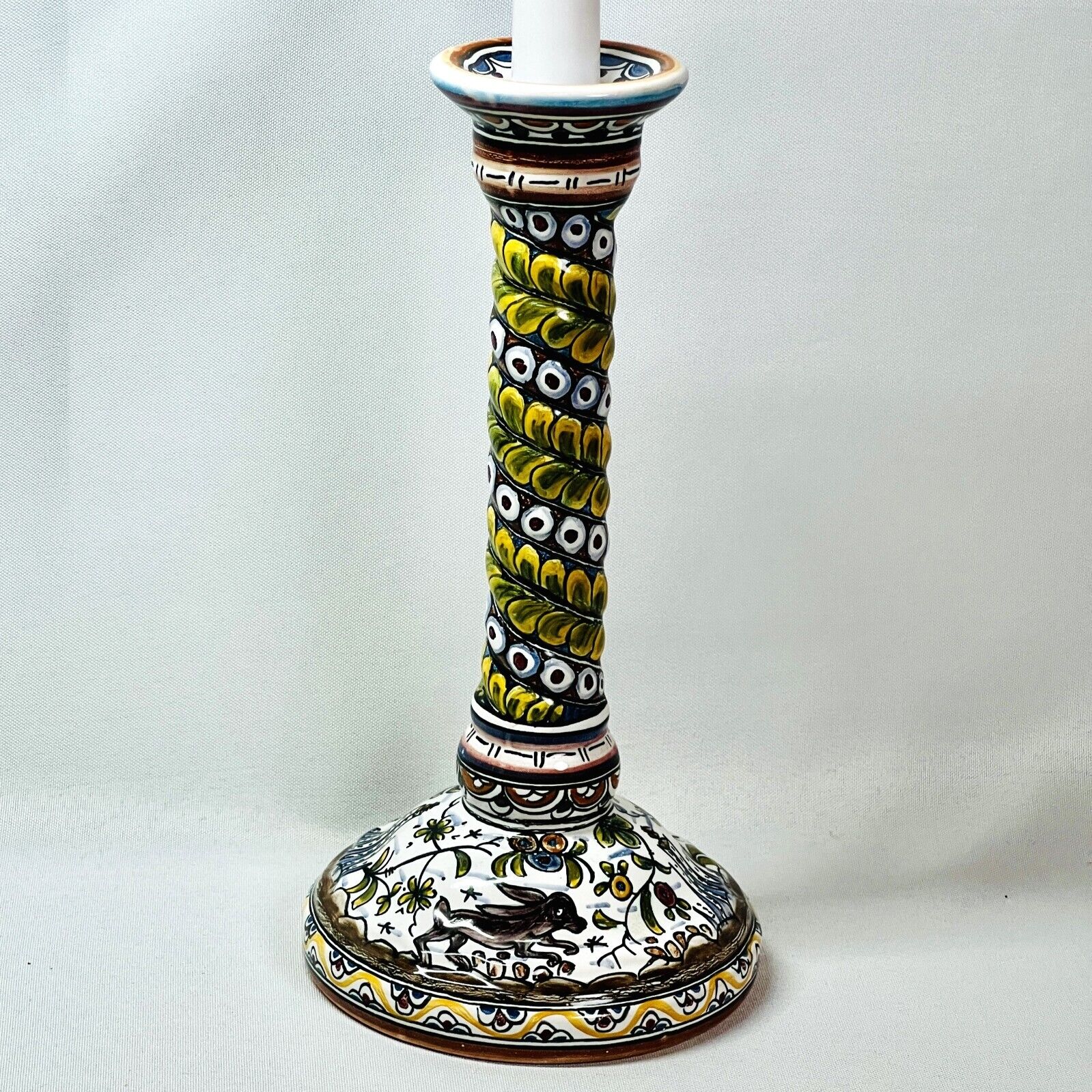 Ceramica SECXVII Conimbriga Portugal Ceramic Candlestick Holder Rabbit Bird 9”