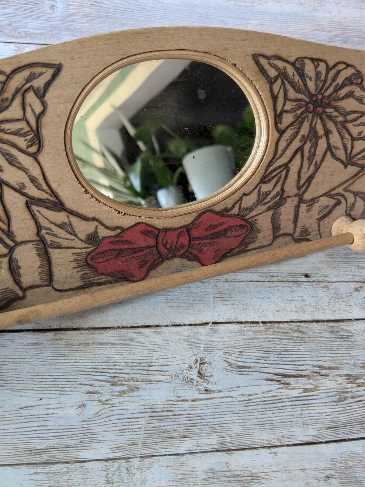 Antique Flemish Art Tea Towel Holder W/ Mirror Early 1900s Pyrography Poinsettia