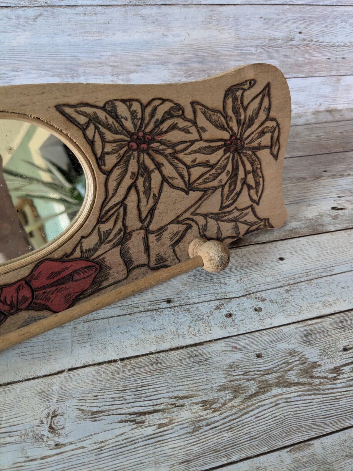 Antique Flemish Art Tea Towel Holder W/ Mirror Early 1900s Pyrography Poinsettia