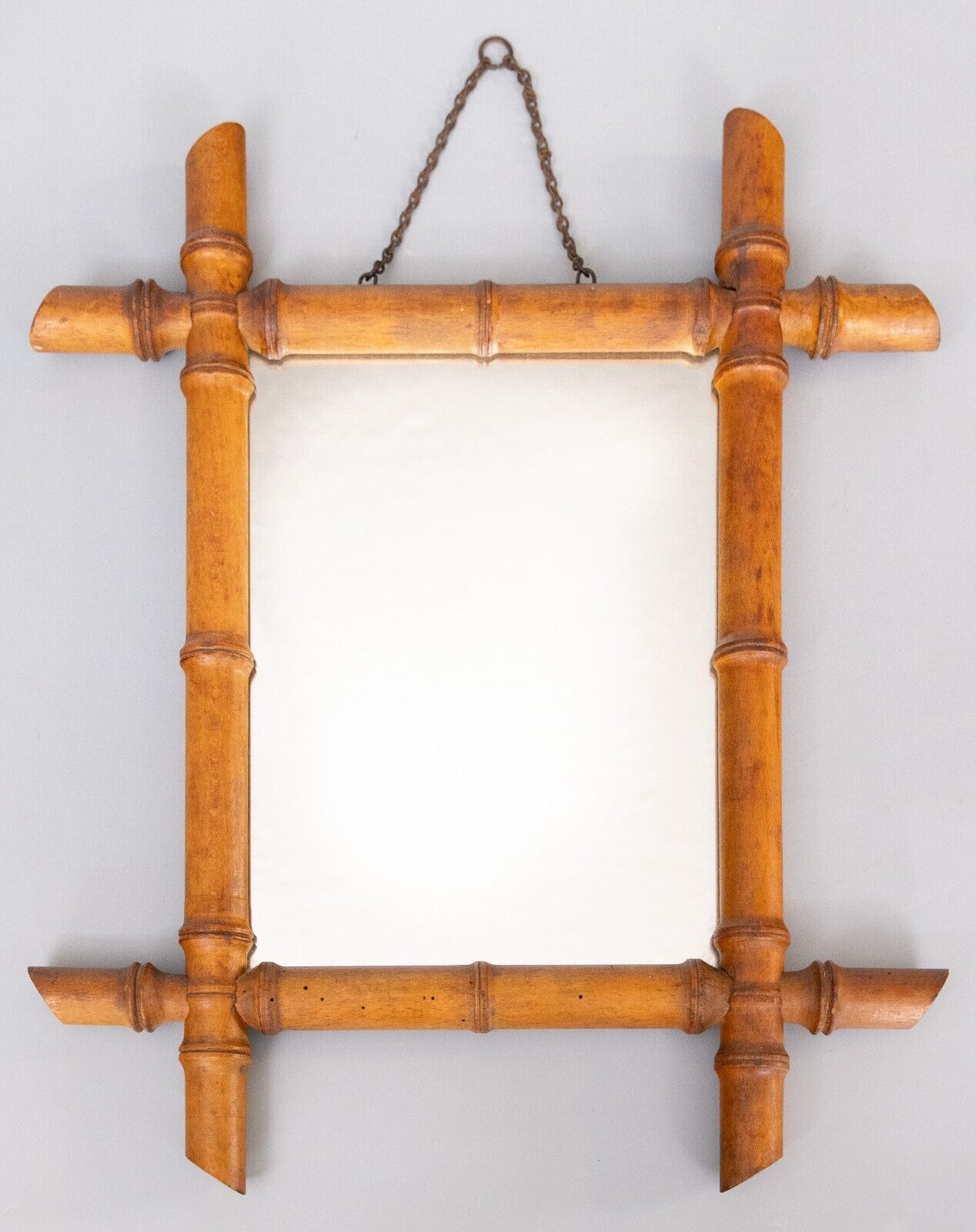 Antique 1900's French Faux Bamboo Carved Wood Mirror 17.25"H