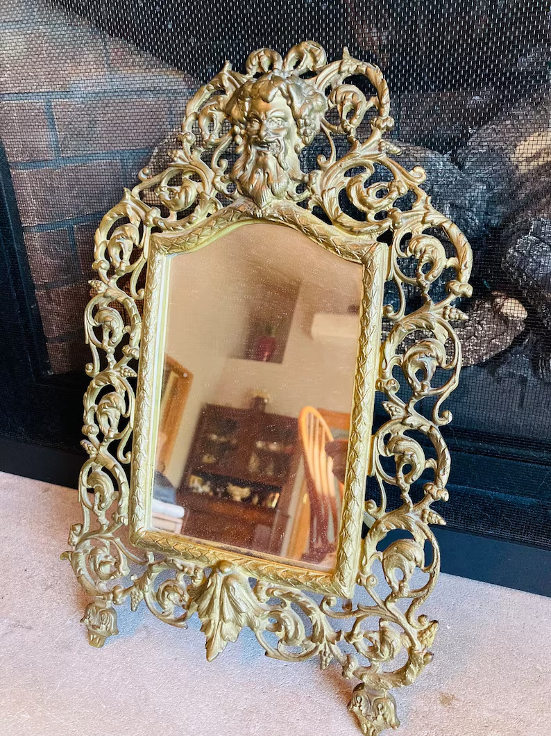 1900s Antique Cast Iron Bronze Gilt Standing Table Top Art nouveau mirror