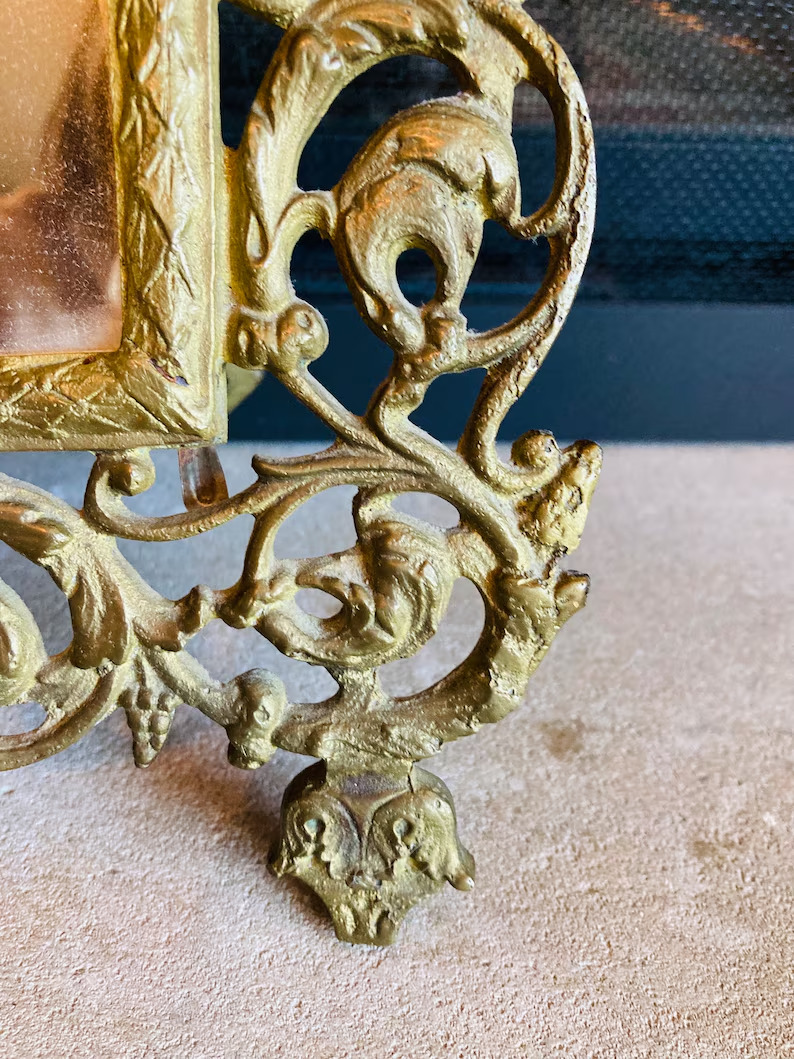 1900s Antique Cast Iron Bronze Gilt Standing Table Top Art nouveau mirror