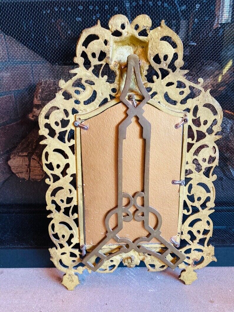 1900s Antique Cast Iron Bronze Gilt Standing Table Top Art nouveau mirror