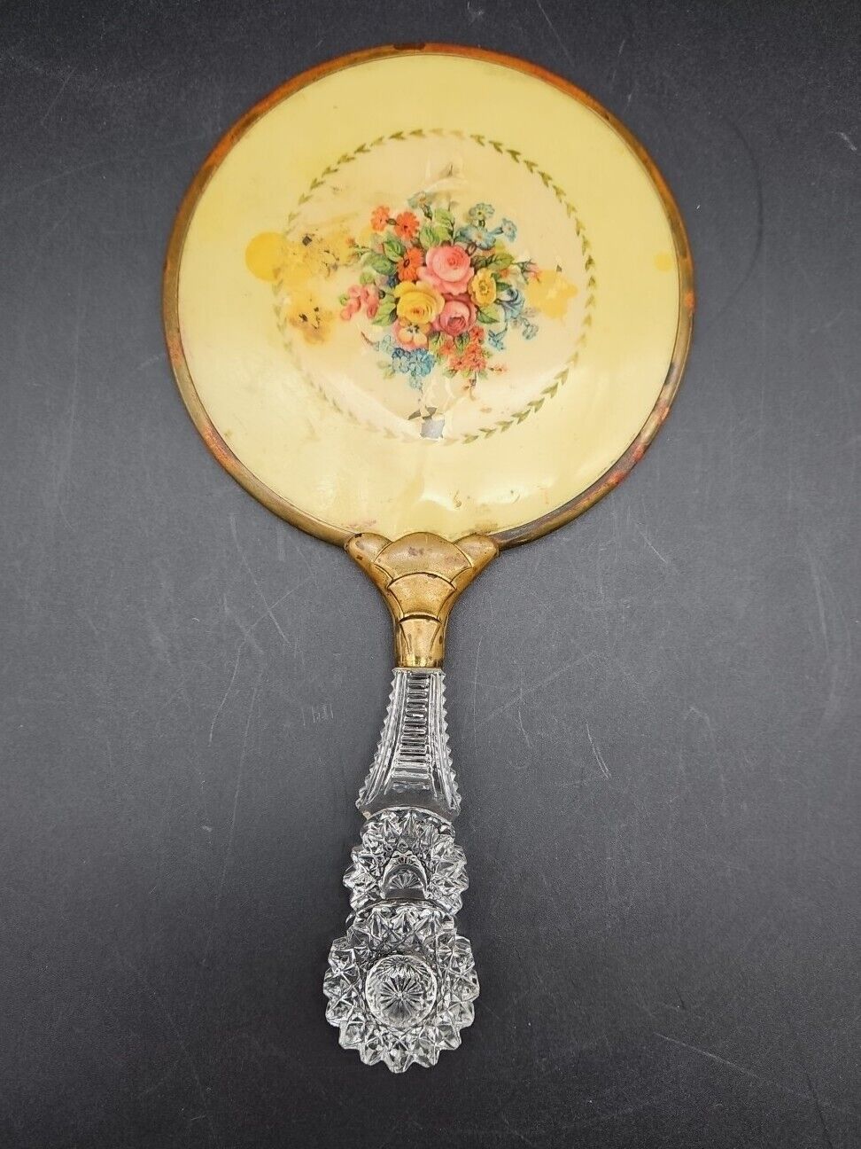 ANTIQUE EARLY 1900S VTG VANITY MIRROR WITH CRYSTAL GLASS HANDLE