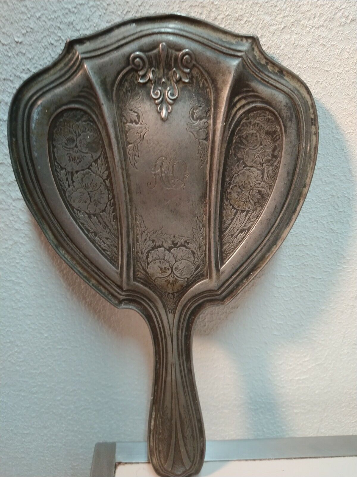 Very Old Vintage Vanity Hand Mirror Soft Metal Early 1900s ornate design
