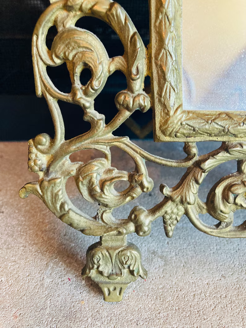 1900s Antique Cast Iron Bronze Gilt Standing Table Top Art nouveau mirror