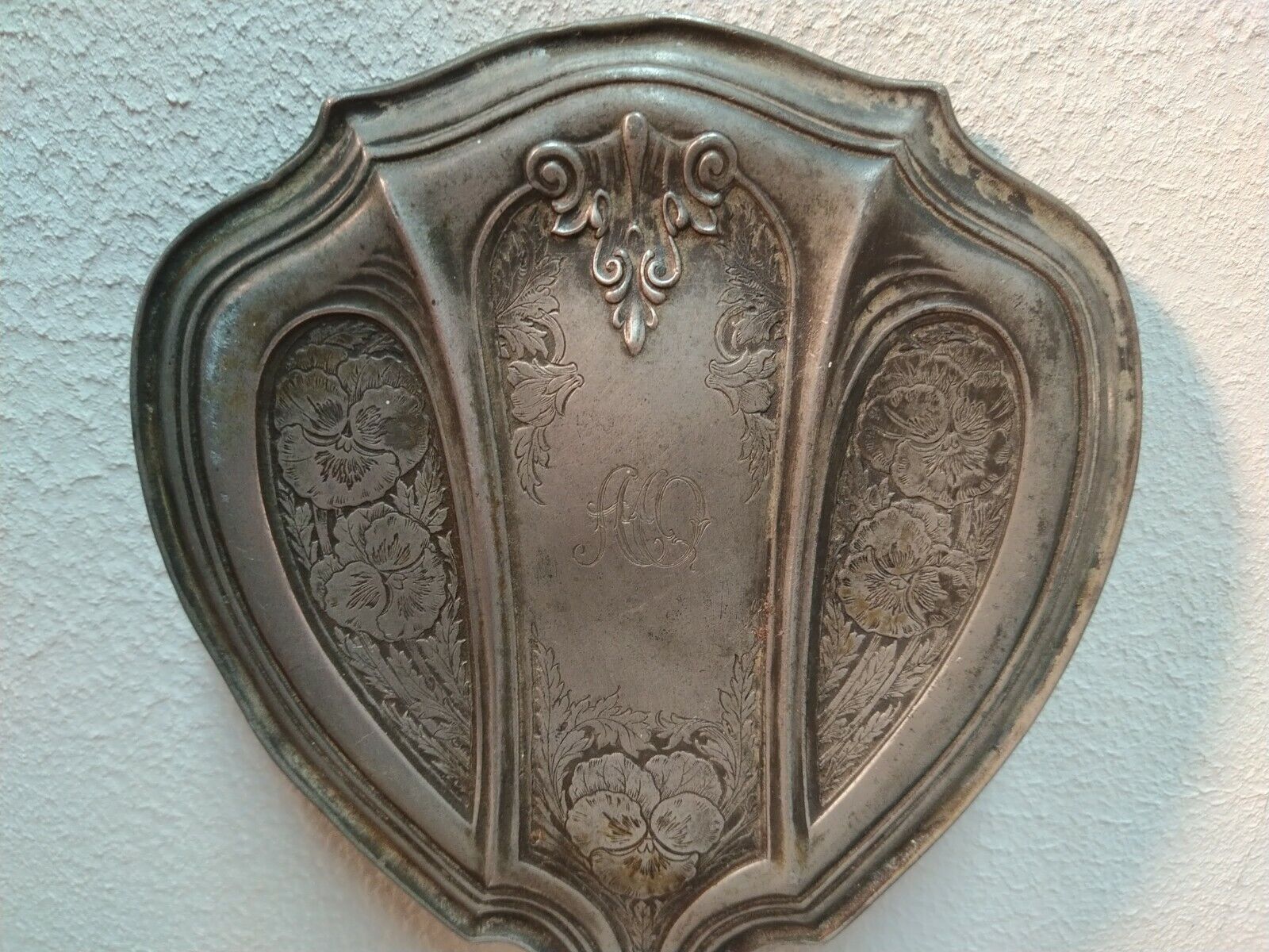 Very Old Vintage Vanity Hand Mirror Soft Metal Early 1900s ornate design