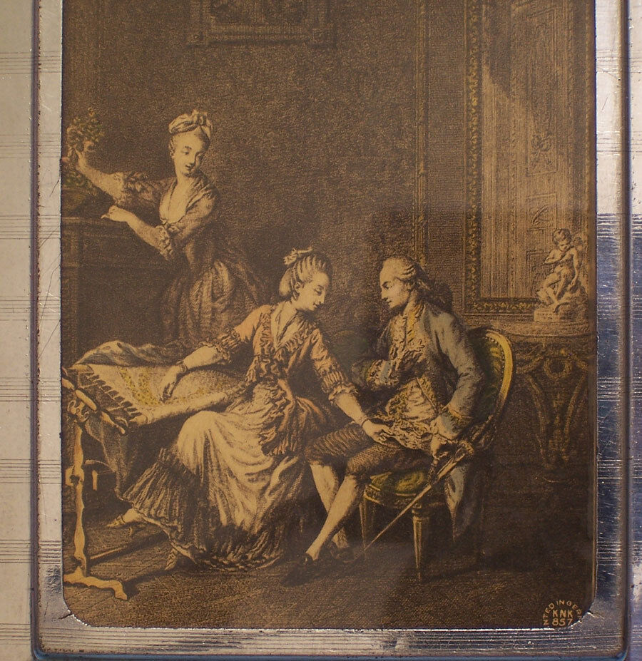 Mirror Silvertone Metal Trinket Jewelry Box w/ Colonial 1700s Style Picture 