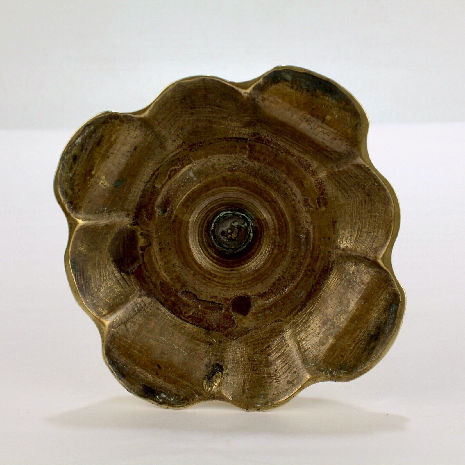 Antique 18th Century George II English Brass Petal Base Single Candlestick