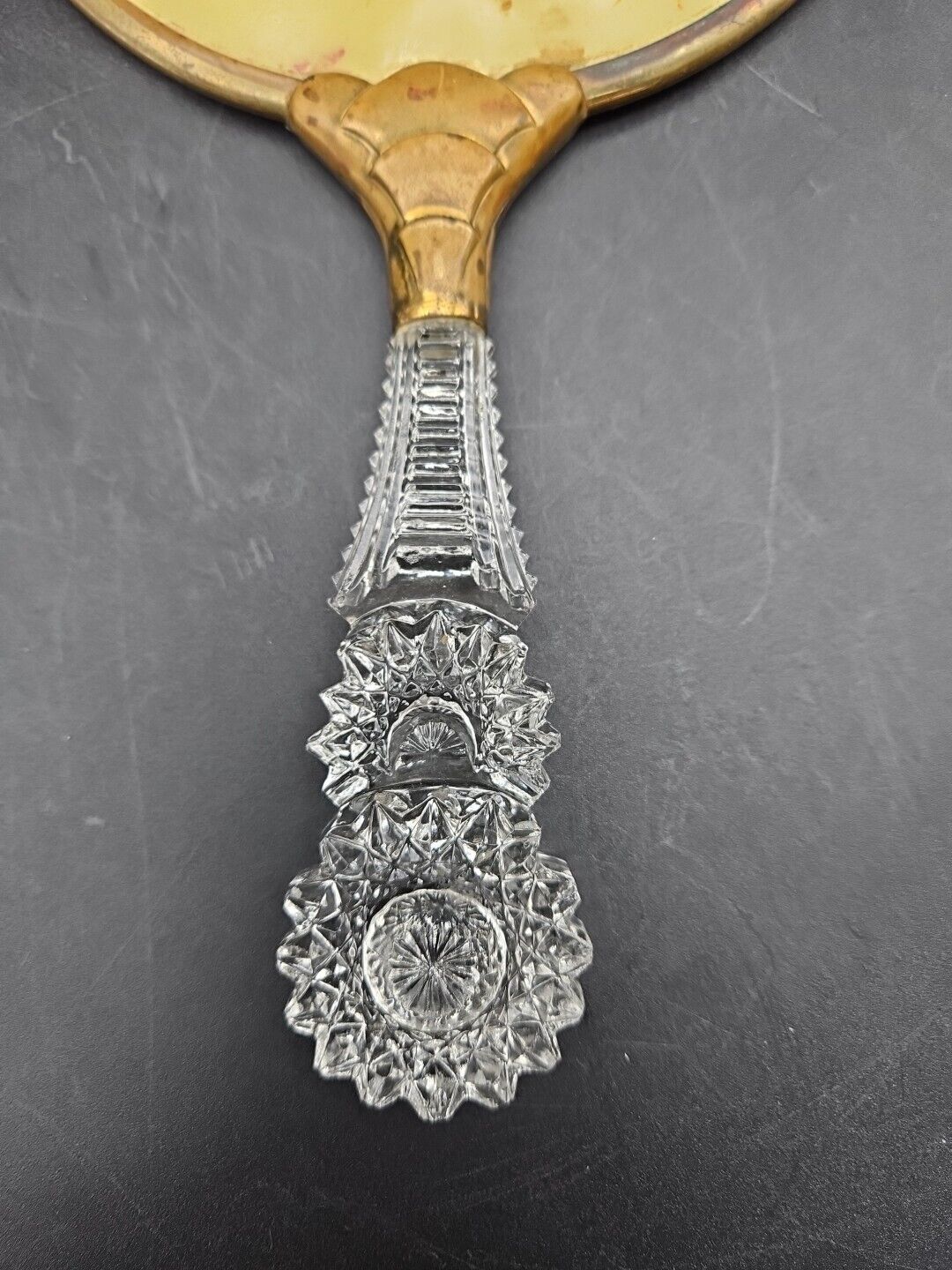 ANTIQUE EARLY 1900S VTG VANITY  MIRROR WITH CRYSTAL GLASS HANDLE 