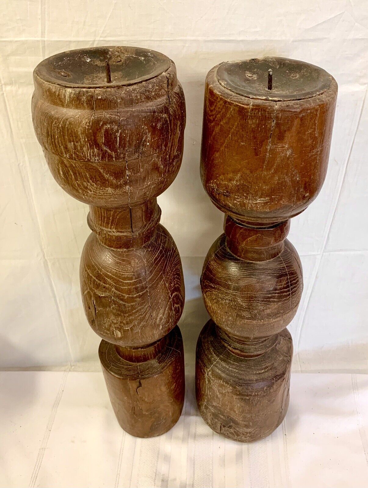 1700's Pair Oak Pillar Pricket Candle Stands Wood Candleholders Candlesticks