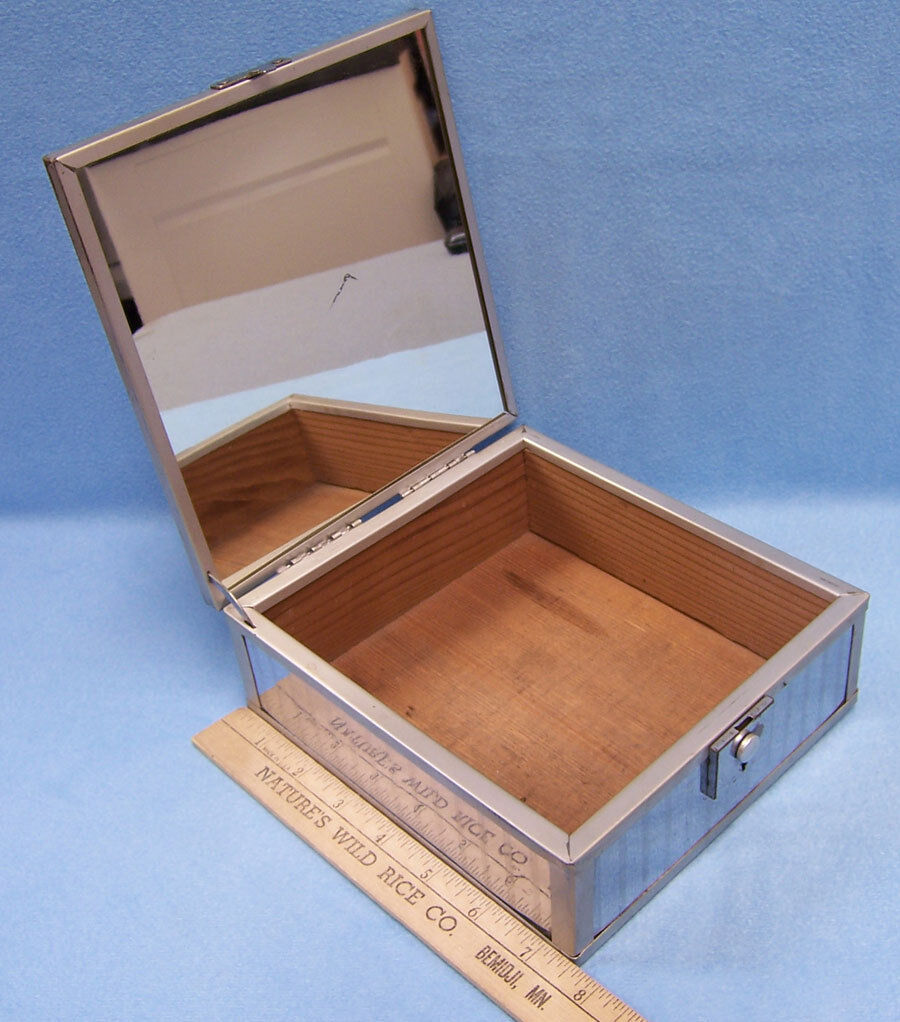 Mirror Silvertone Metal Trinket Jewelry Box w/ Colonial 1700s Style Picture 
