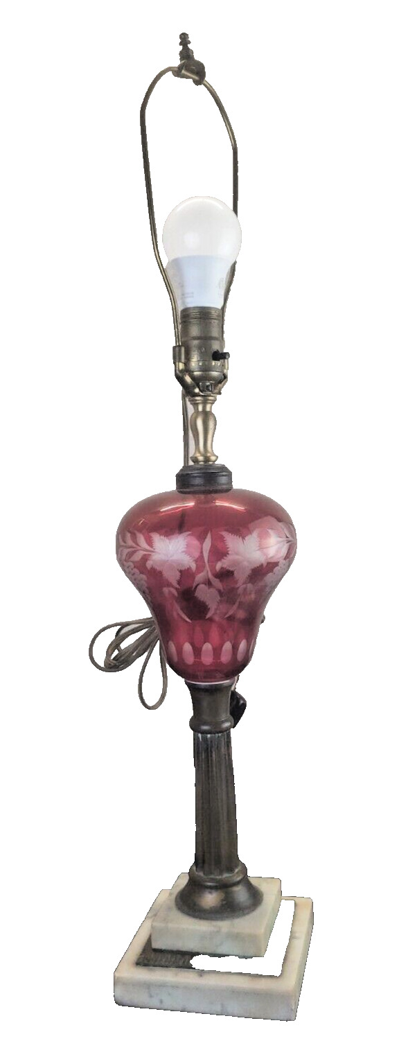 Antique Vtg 1900’s Cranberry Ruby Red Cut Etched Glass Table Lamp Marble Base