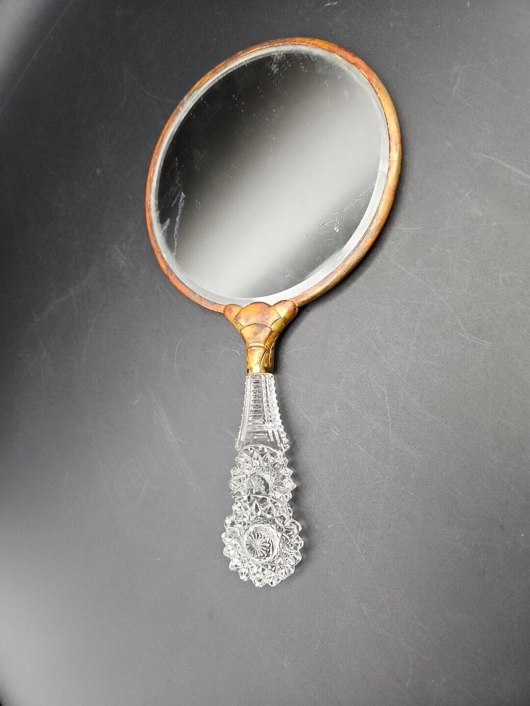 ANTIQUE EARLY 1900S VTG VANITY  MIRROR WITH CRYSTAL GLASS HANDLE 