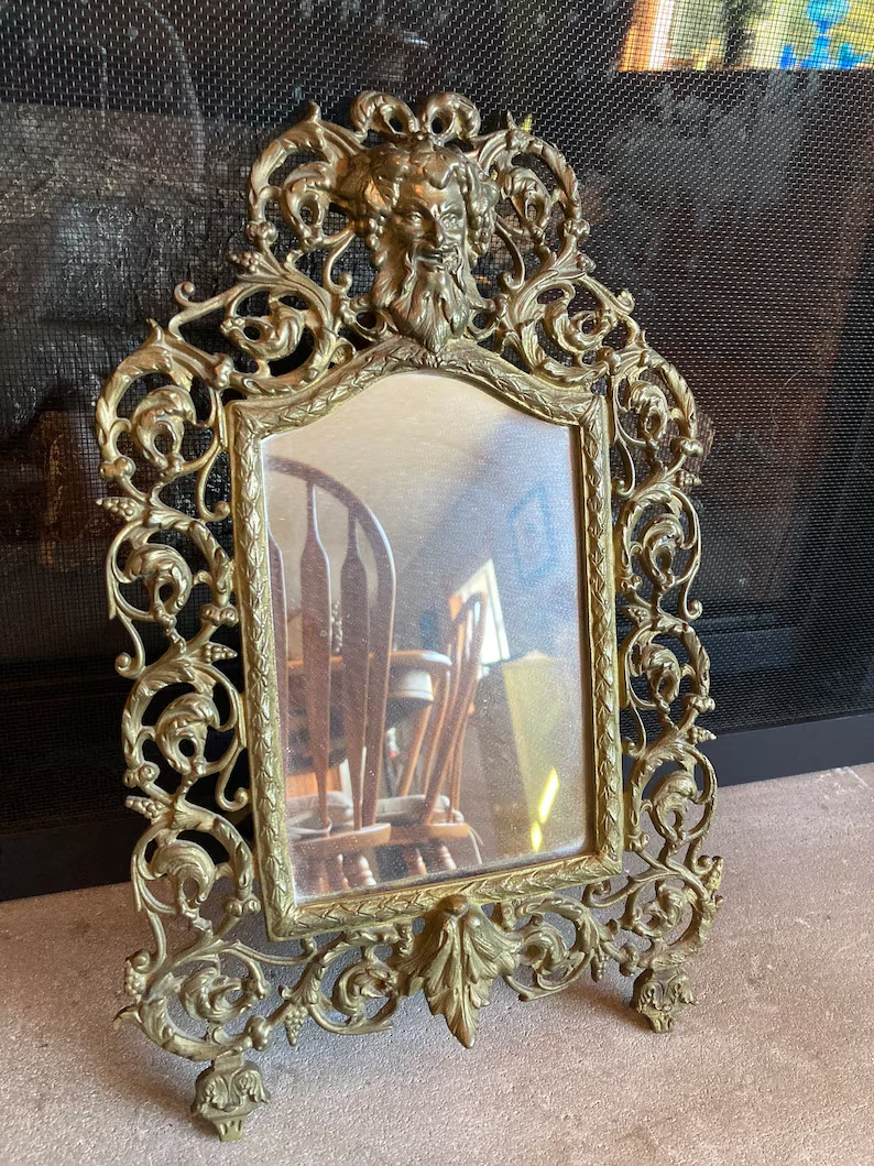 1900s Antique Cast Iron Bronze Gilt Standing Table Top Art nouveau mirror
