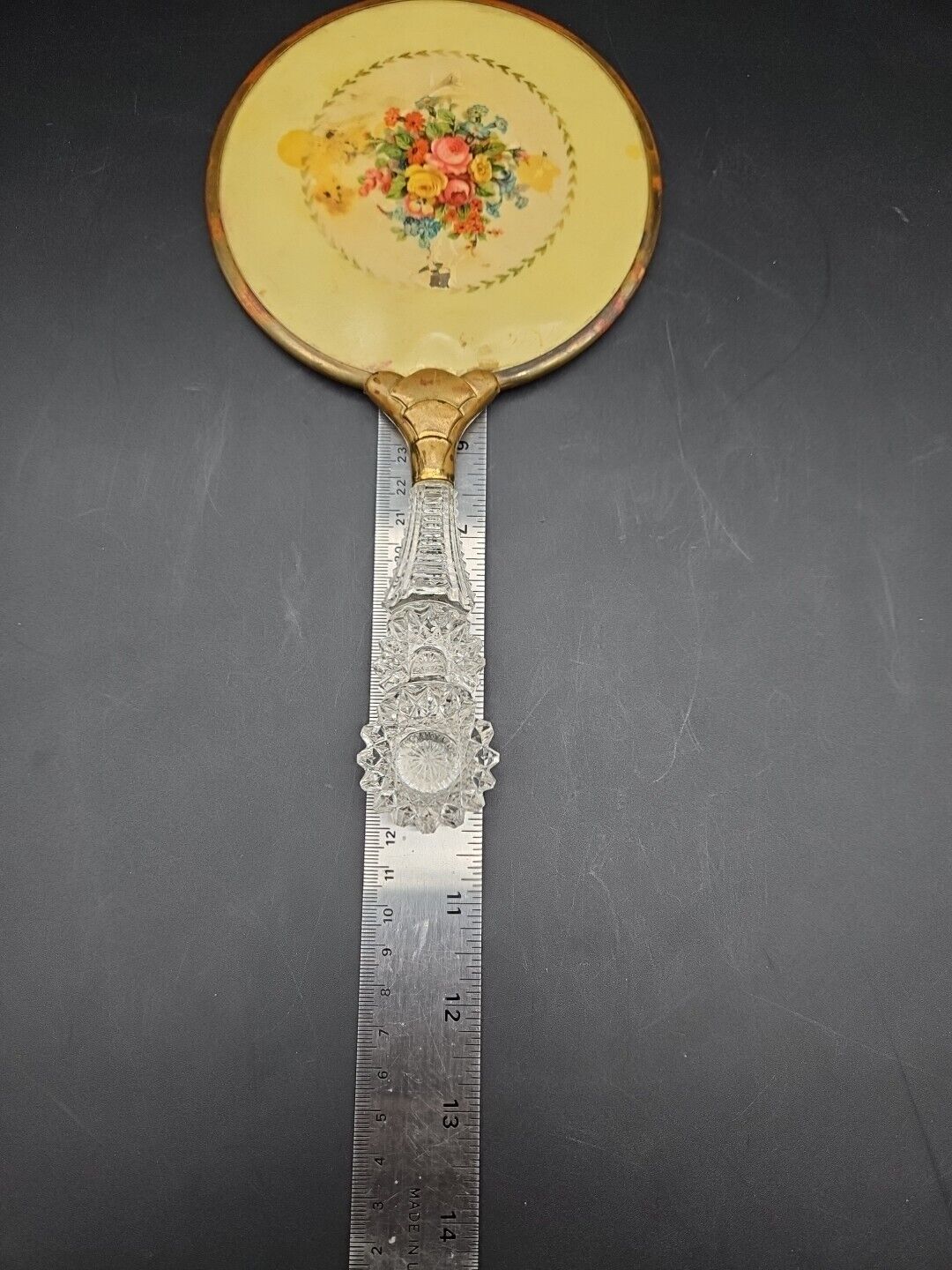 ANTIQUE EARLY 1900S VTG VANITY  MIRROR WITH CRYSTAL GLASS HANDLE 