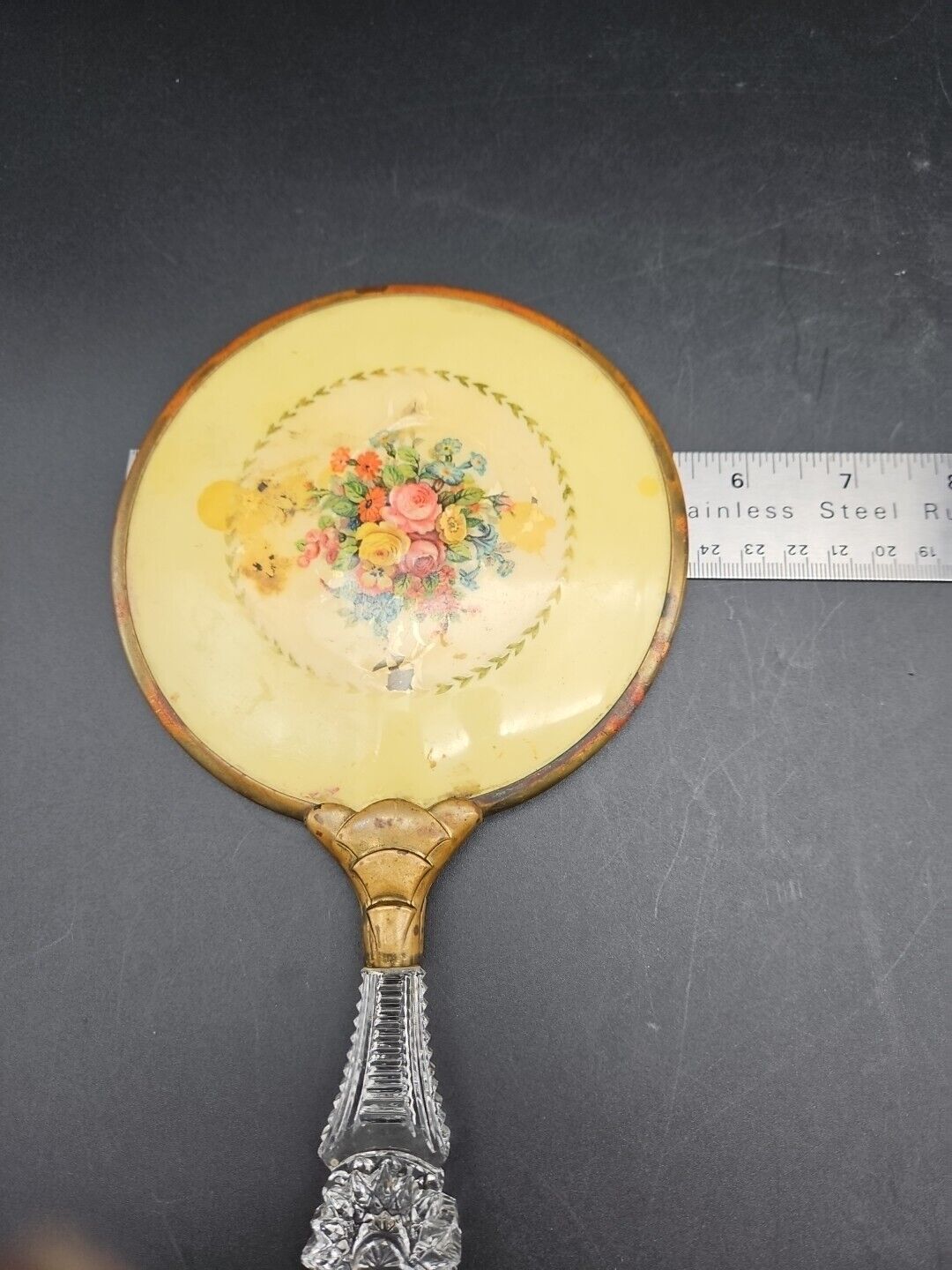 ANTIQUE EARLY 1900S VTG VANITY  MIRROR WITH CRYSTAL GLASS HANDLE 
