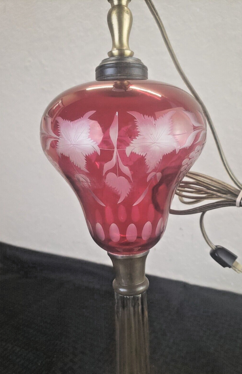Antique Vtg 1900’s Cranberry Ruby Red Cut Etched Glass Table Lamp Marble Base