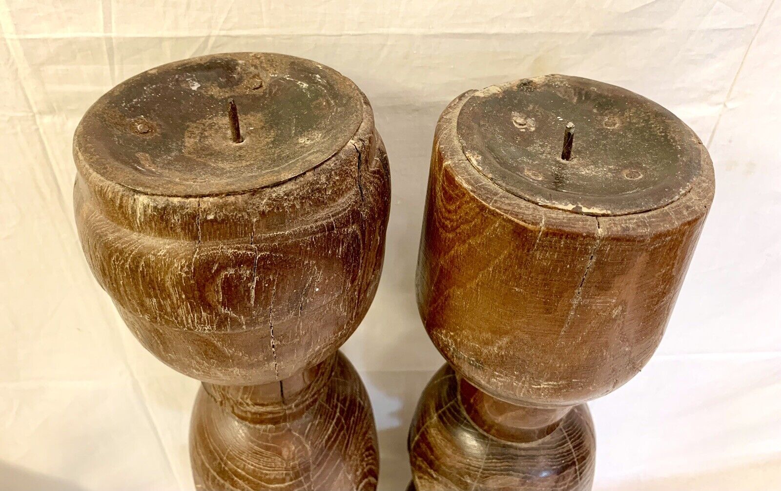 1700's Pair Oak Pillar Pricket Candle Stands Wood Candleholders Candlesticks