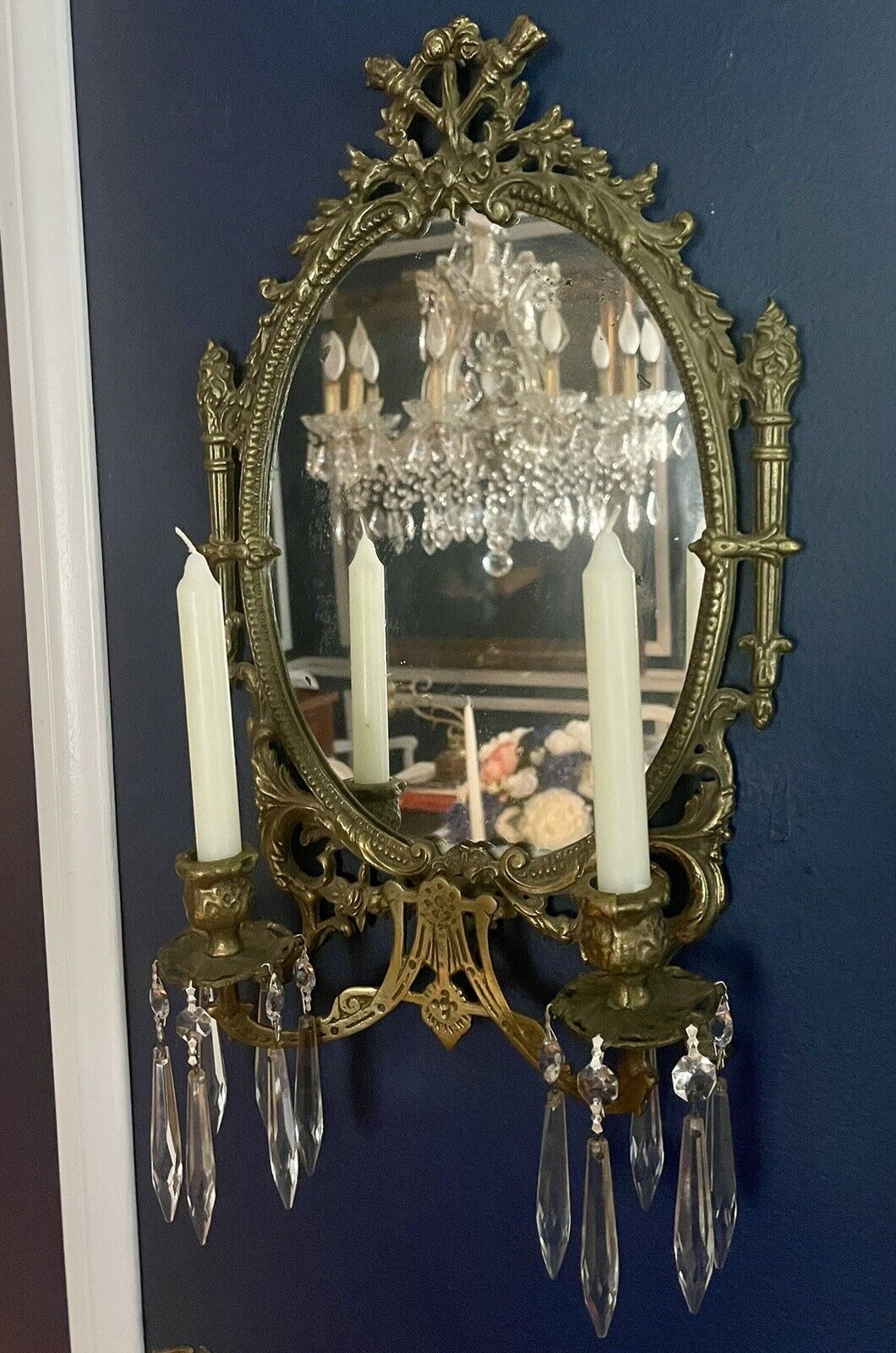 19th Century Pair of Louis Xvi Style Brass Mirror Double Candle Wall Sconces