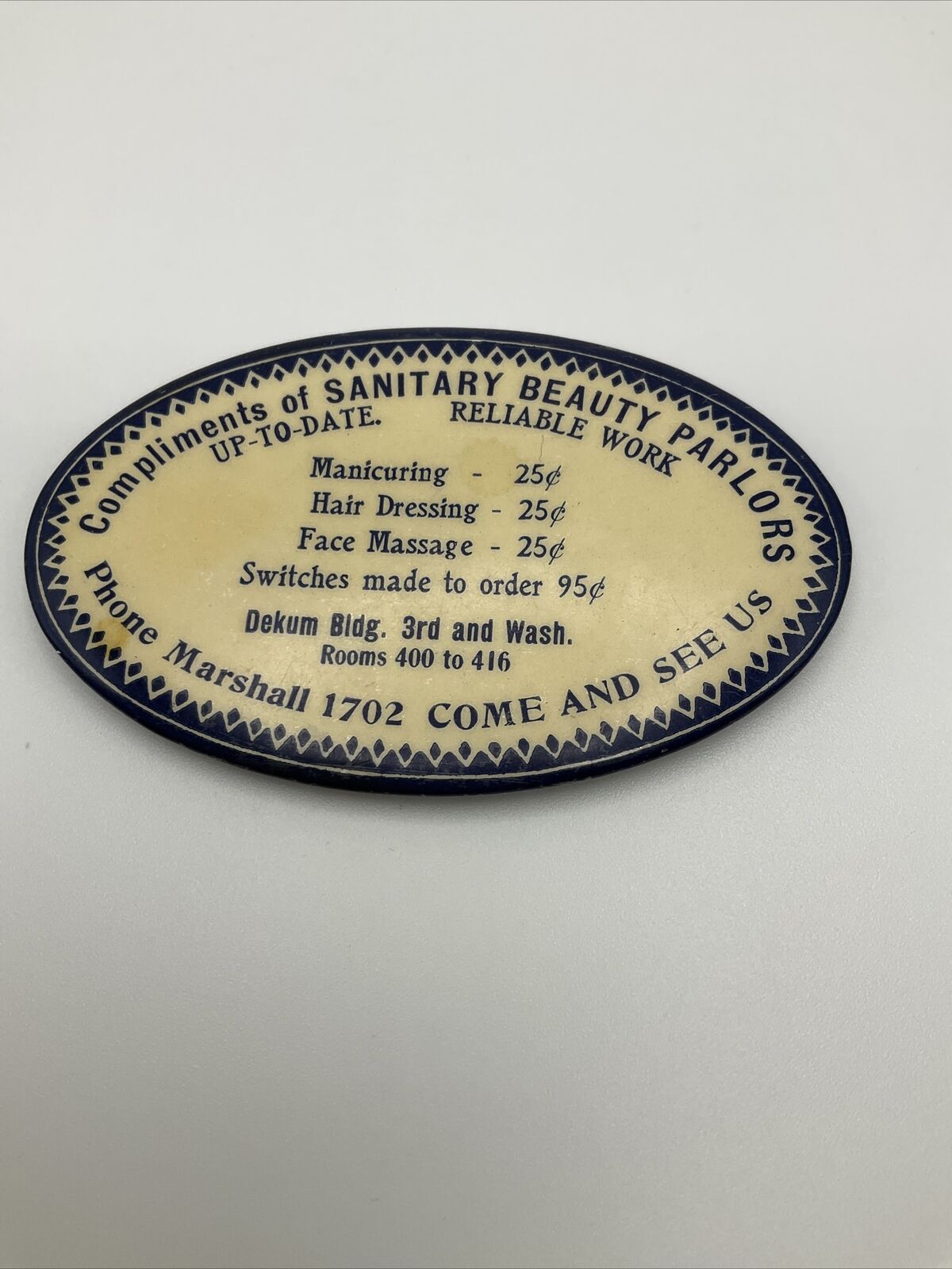 Very Rare Early 1900 SANITARY BEAUTIFUL PARLORS Advertising Pocket Mirror AS IS